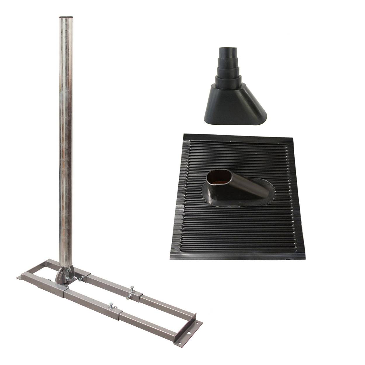 SkyRevolt Aufsparrenhalter Set 1 meter Mast Stahl Dach-Sparren-Halterung für SAT-Antenne ALU Dachabdeckung Manschette schwarz