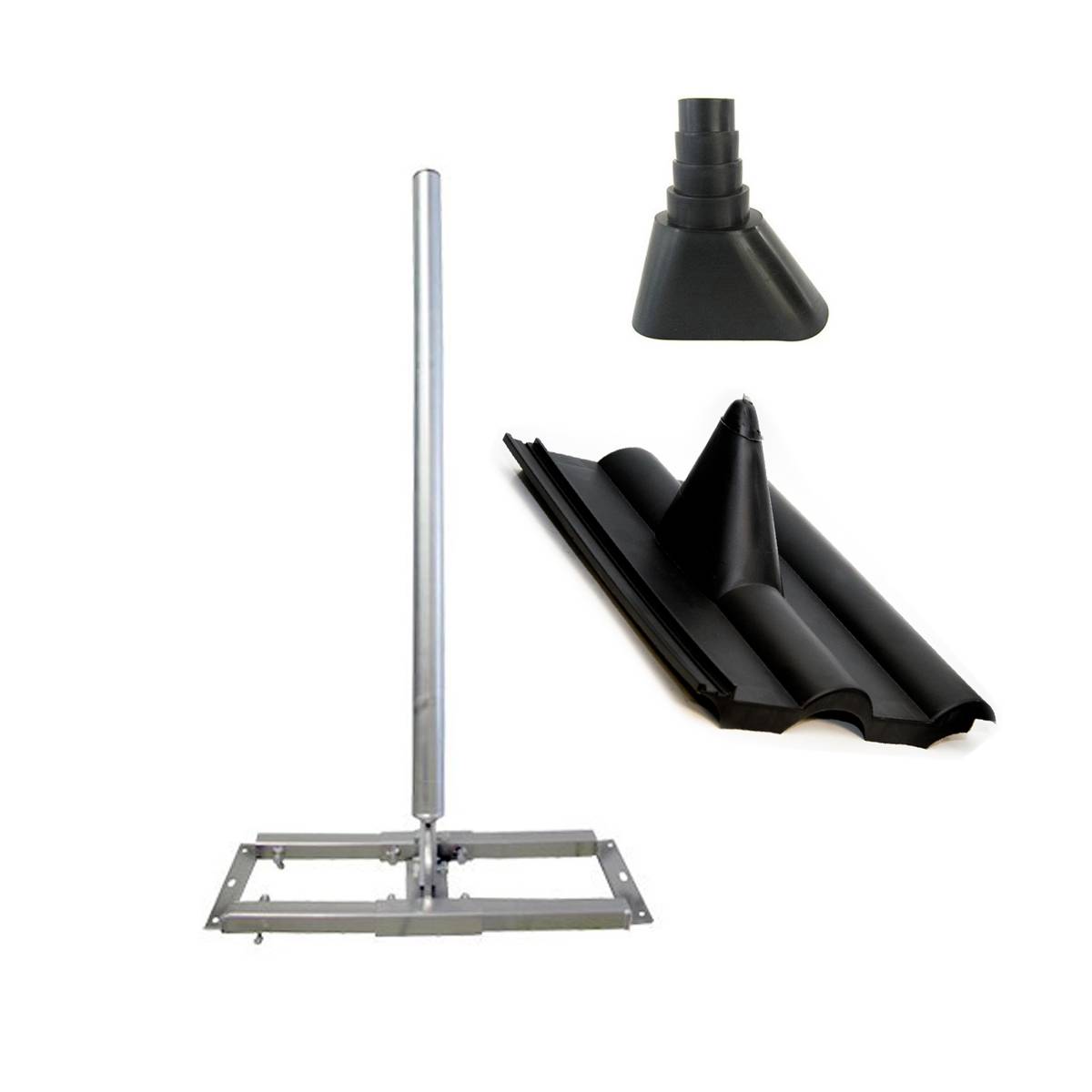 SkyRevolt Aufsparrenhalter Set 1 meter Mast Stahl Dach-Sparren-Halterung für SAT-Antenne Frankfurter Pfanne Dachabdeckung Manschette schwarz