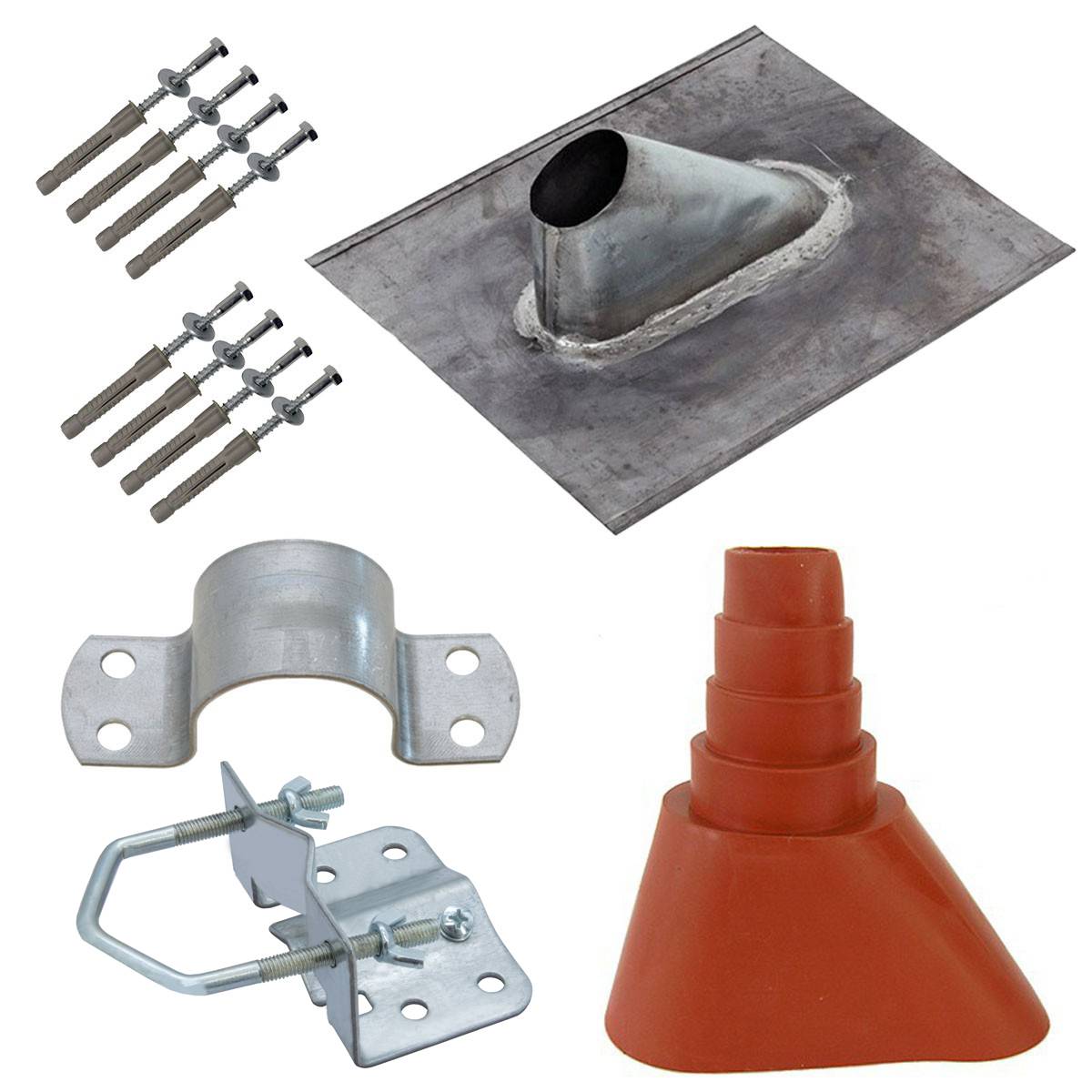 PremiumX Satelliten Dachmontage Set SAT Bleipfanne Mastschelle Mastfuß Gummi-Manschette Schrauben-Satz SAT