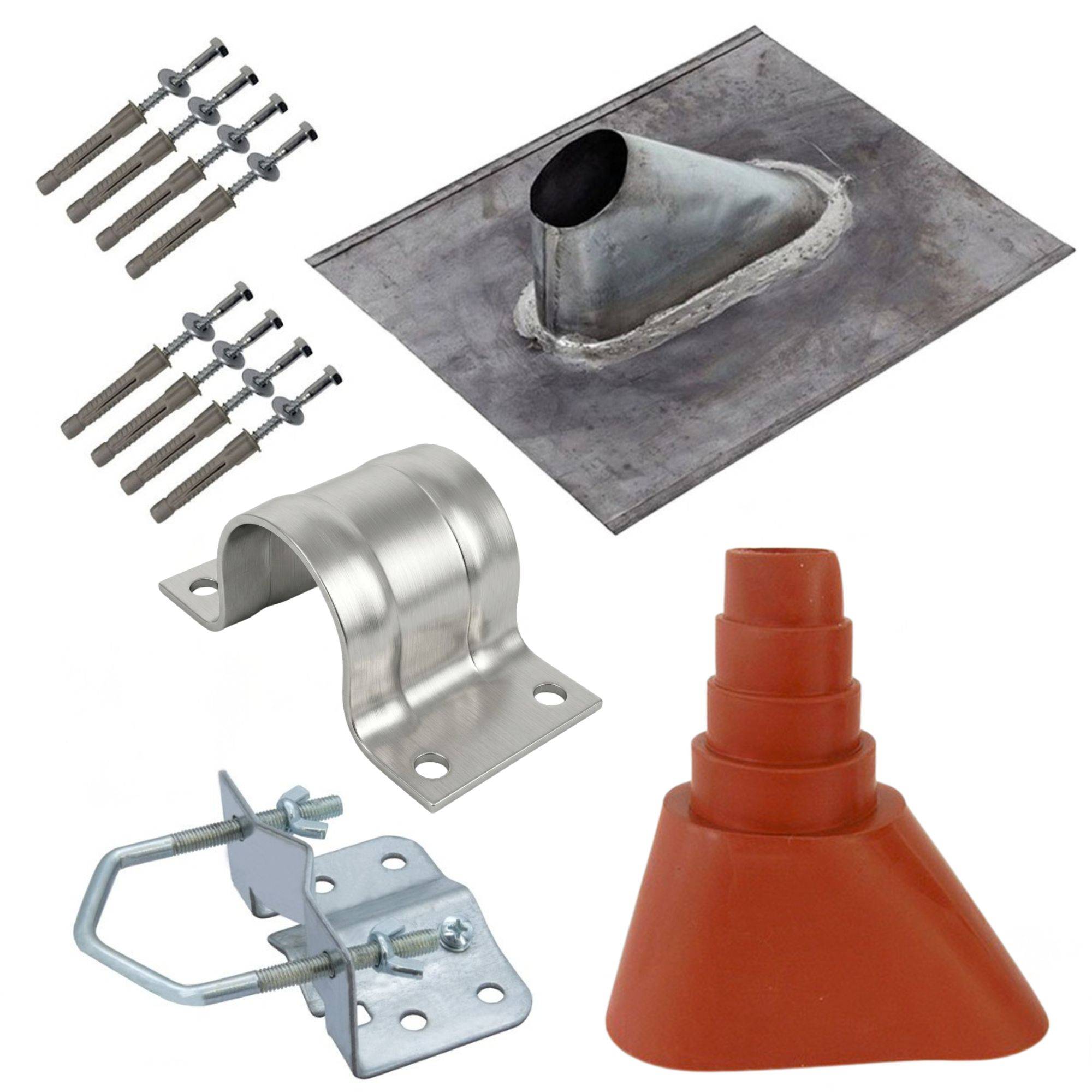 PremiumX Satelliten Dachmontage Set SAT Bleipfanne Mastschelle Mastfuß Gummi-Manschette Schrauben-Satz SAT