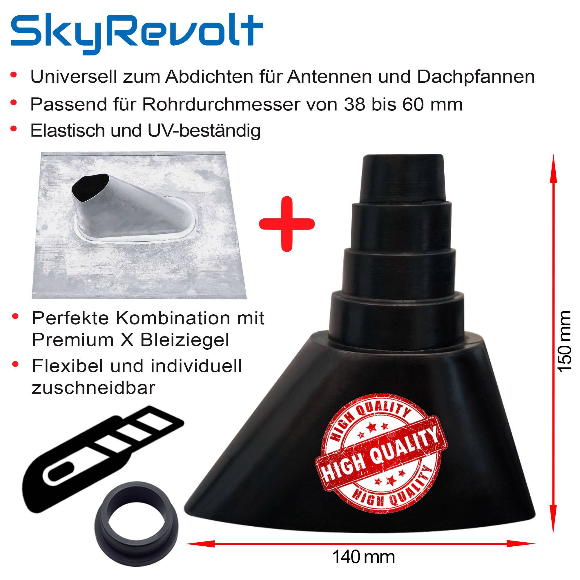 SkyRevolt Dachpfanne aus Blei Bleiziegel Bleipfanne Dachabdeckung Dachziegel Universal mit Gummimanschette Schwarz