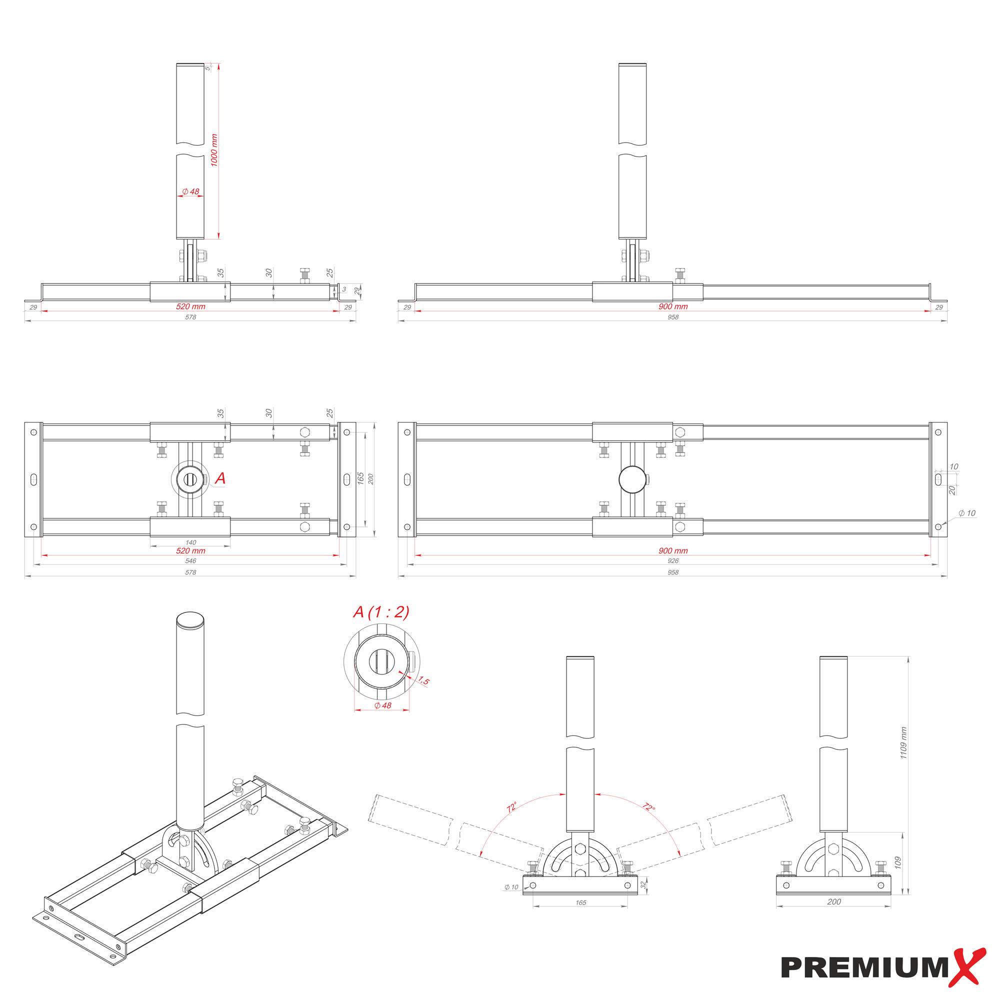 PremiumX PROFI X100-48 SAT Dachsparrenhalter 100 cm Mast 48 mm Stahl feuerverzinkt Sparren-Halterung für Satelliten-Antenne Satellitenschüssel mit