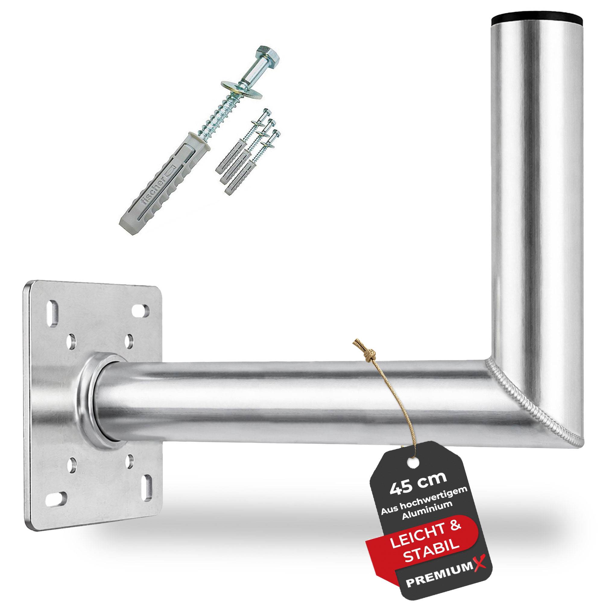 Eine Metallwandhalterung mit einem 45 cm Arm, inklusive Befestigungsschrauben und Dübel. Das Etikett der Halterung lautet „Leicht & Stabil, Premium