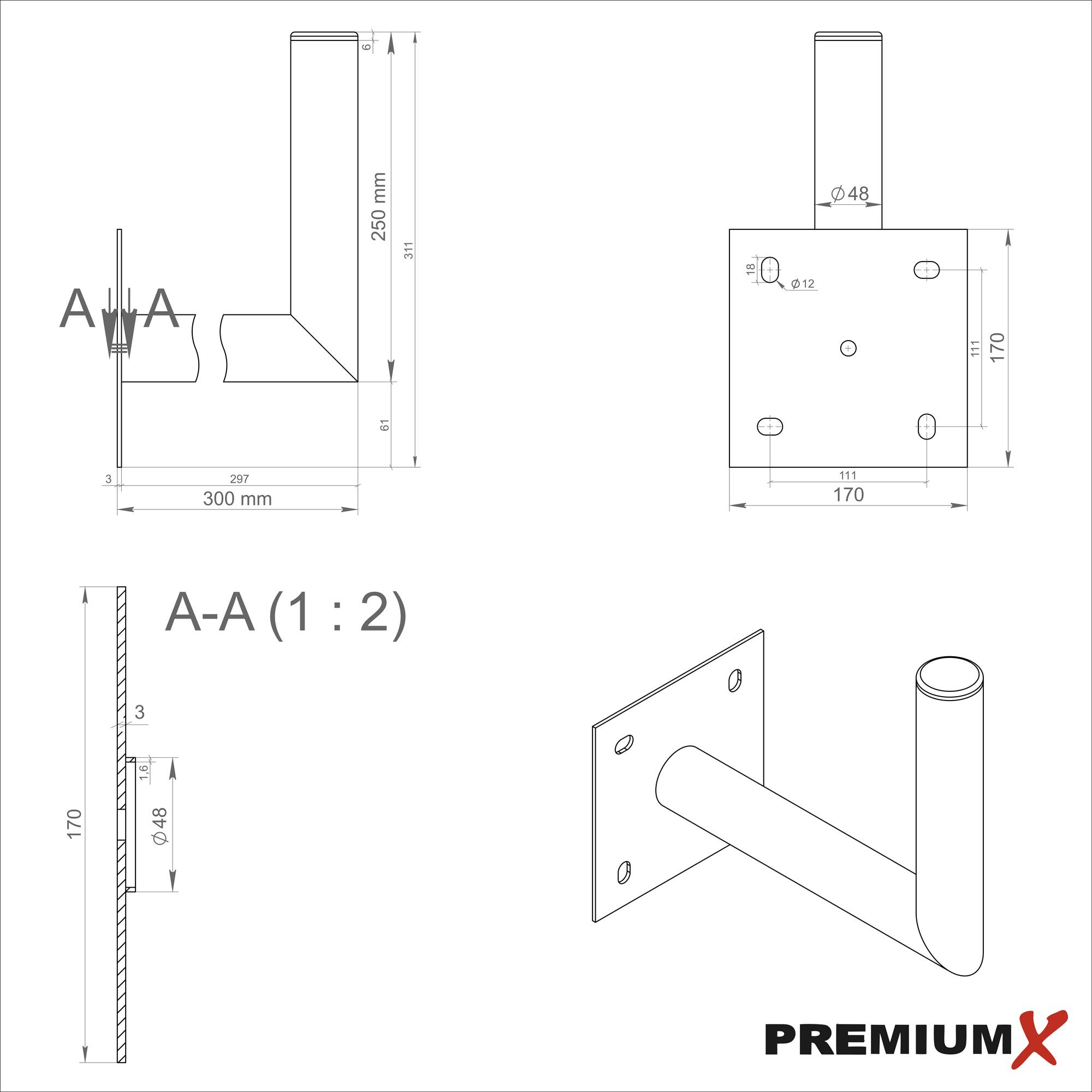PremiumX 25-30cm Wandhalter Stahl verzinkt Ø 48mm Winkel Wand-Halterung für Satelliten-Schüssel SAT-Antenne