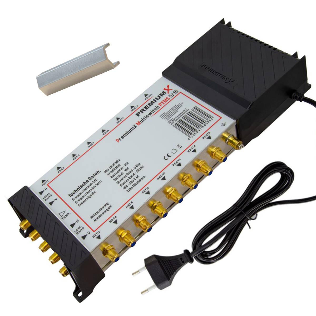 PremiumX Multischalter Set 5/16 Multiswitch F-Montageschlüssel, Signalverteiler 1 SAT für 16 Teilnehmer