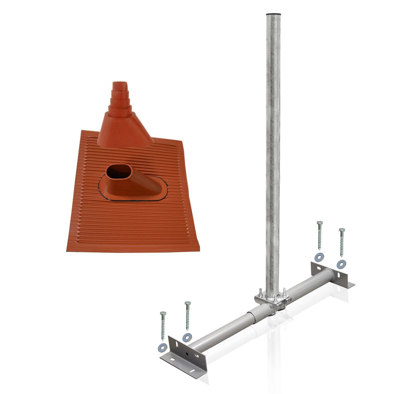 PremiumX BASIC X100-60 Dachsparrenhalter Satellitenschüssel Montage Set Sparrenhalter 1m Mast 60mm Alu SAT Ziegel Tülle rot