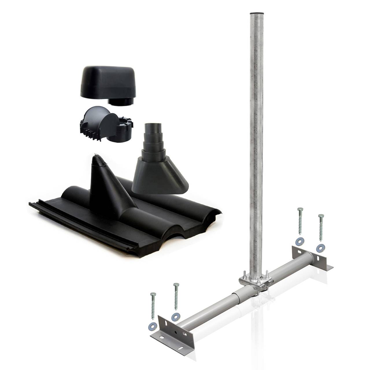 SkyRevolt Dachsparrenhalter Satellitenschüssel Set Sparrenhalter 60mm Mast Frankfurter SAT Ziegel schwarz Mastkappe