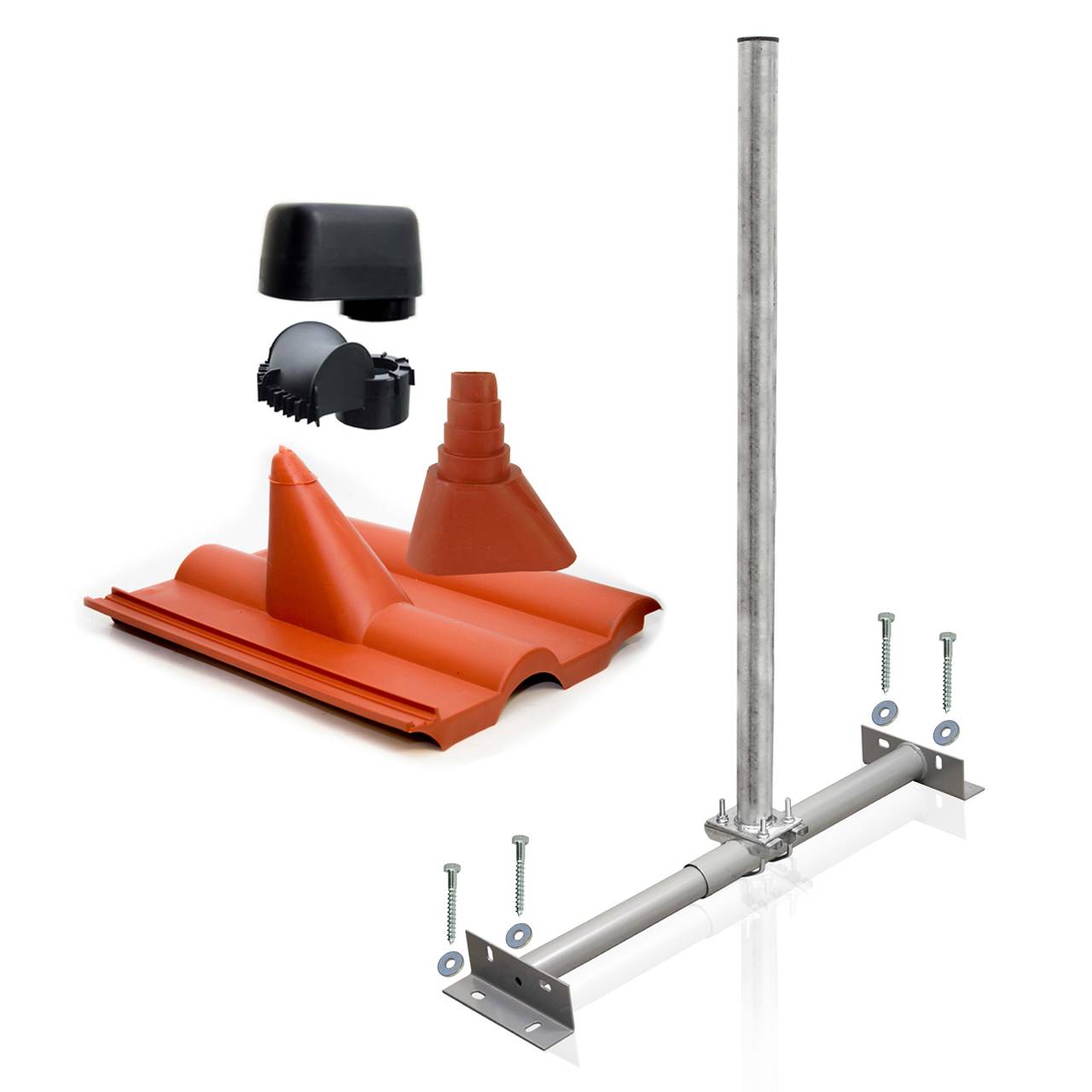 SkyRevolt Dachsparrenhalter Satellitenschüssel Montage Set Sparrenhalter 60mm Mast Frankfurter SAT Ziegel rot Mastkappe
