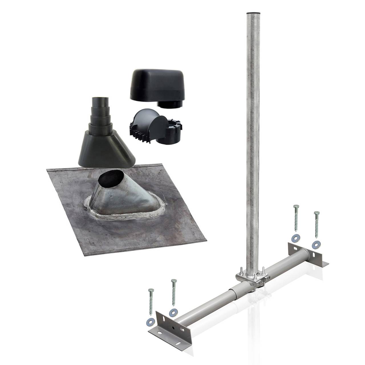 SkyRevolt Dachsparrenhalter Satellitenschüssel Montage Set Sparrenhalter 60mm Mast SAT Blei-Ziegel Manschette Mastkappe