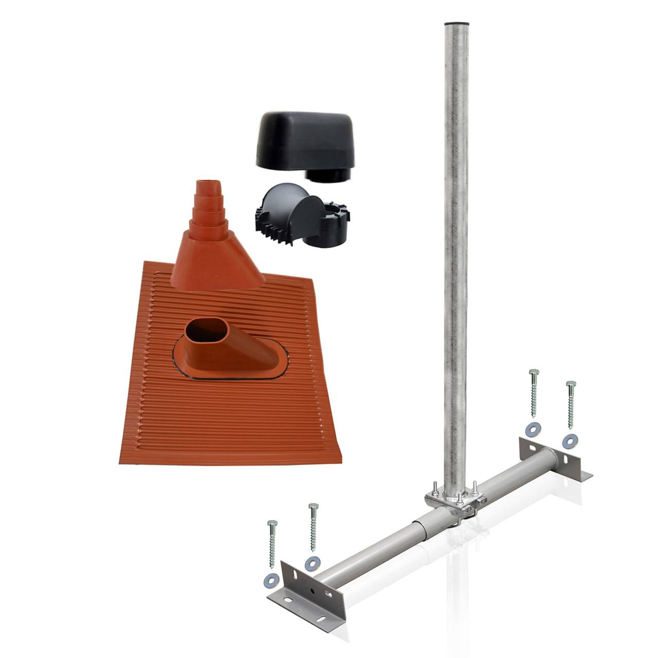 SkyRevolt Dachsparrenhalter Satellitenschüssel Montage Set Sparrenhalter 60mm Mast SAT Alu-Ziegel rot Mastkappe