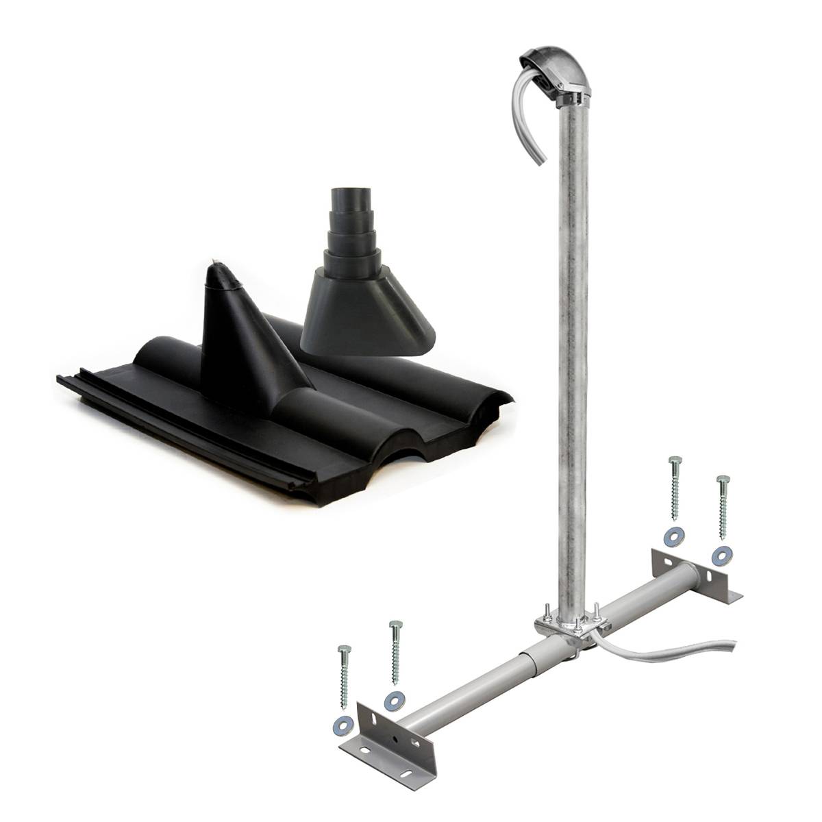 SkyRevolt Dachsparrenhalter Montageset 100cm Mast Sparrenhalter für Satellitenschüssel, SAT ALU-Mastkappe