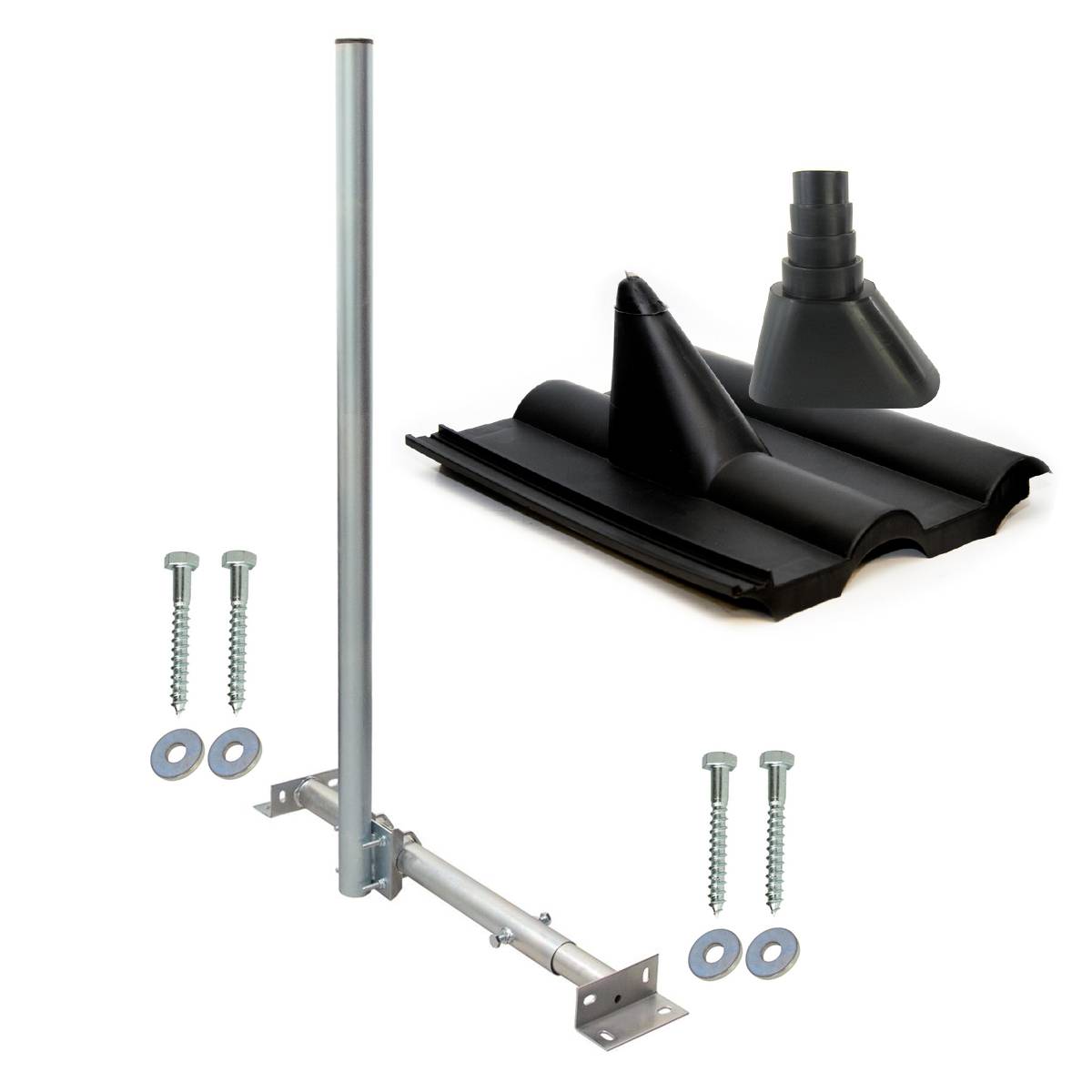 SkyRevolt Aufdachsparrenhalter SAT TV Dachsparrenhalter 120cm Kabel-Einführung Mast 48mm Aufdach-Sparren-Halterung für Satellitenschüssel | Dachmon