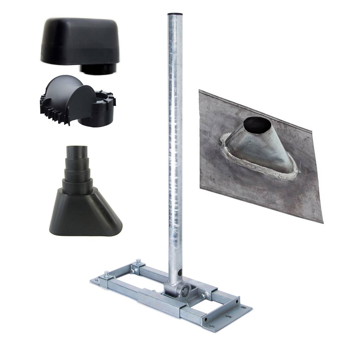 PremiumX DELUXE X90-60 Dachsparren-Halter 90cm Ø 60mm SAT Mast für Satellitenschüssel Blei Dach-Abdeckung Gummitülle schwarz Mastkappe
