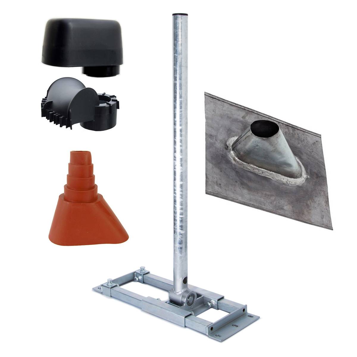 PremiumX DELUXE X90-60 Dachsparrenhalterung 90cm Ø 60mm SAT Mast für Satelliten-Antenne Blei-Abdeckblech Gummitülle rot Mastkappe