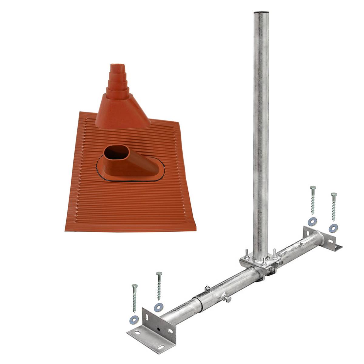 PremiumX BASIC X100-48F Dachsparrenhalter Satellitenschüssel Montage Set Sparrenhalter feuerverzinkt 1m Mast ALU SAT Ziegel Tülle rot