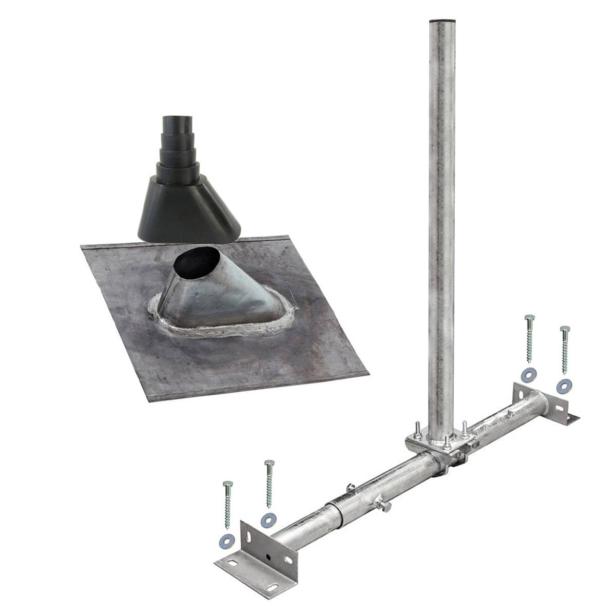 PremiumX BASIC X100-48F Dachsparrenhalter Satellitenschüssel Montage Set Sparrenhalter feuerverzinkt 1m Mast SAT Blei-Ziegel Tülle schwarz