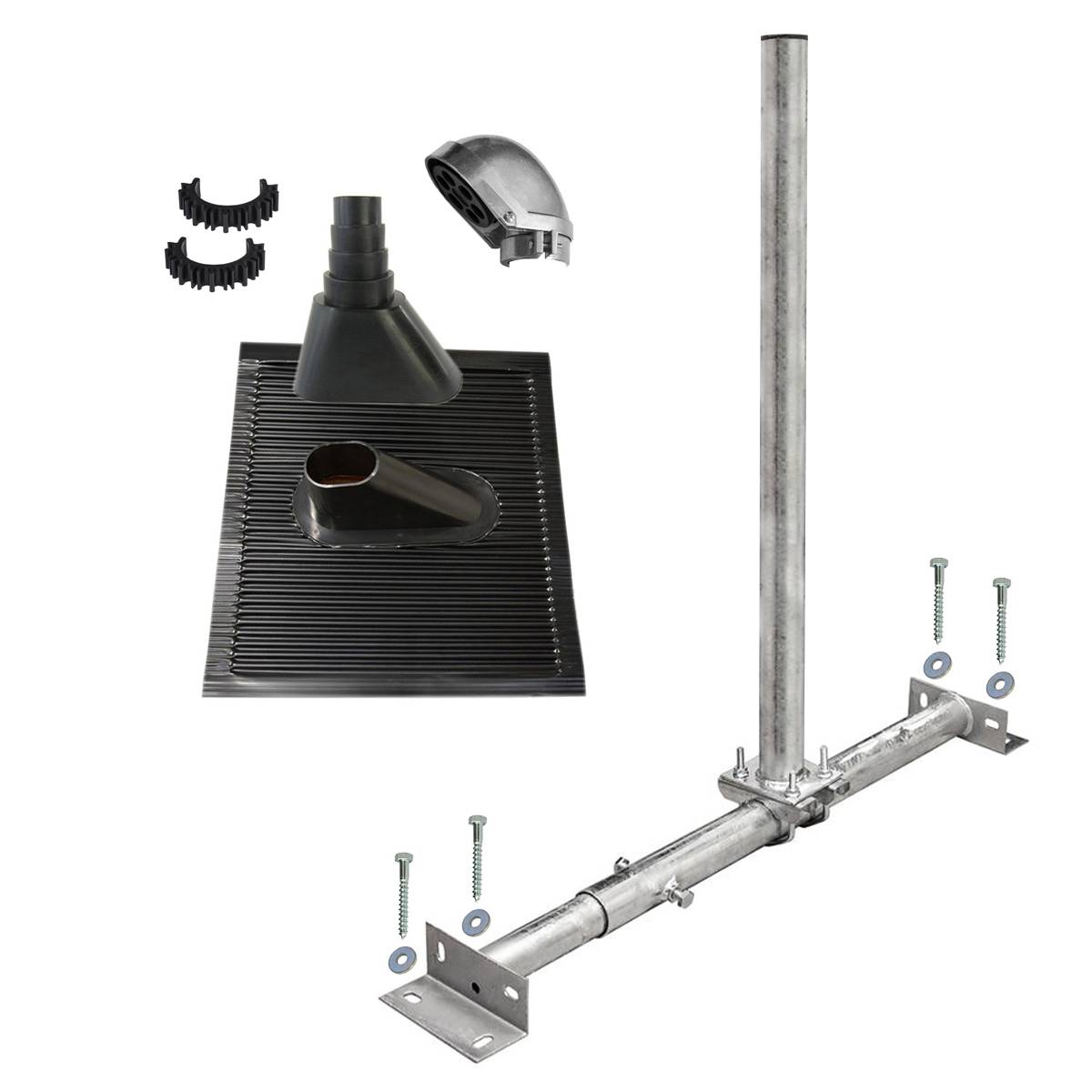 PremiumX BASIC X100-48F Dachsparrenhalter Satellitenschüssel Montage Set Sparrenhalter feuerverzinkt ALU-Dachziegel schwarz SAT Mastkappe