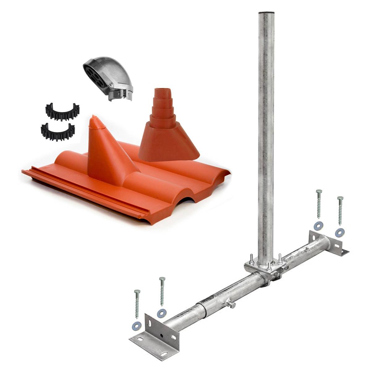 PremiumX Dachsparrenhalter Satellitenschüssel Montage Set Sparrenhalter feuerverzinkt Frankfurter Dachziegel rot SAT Mastkappe