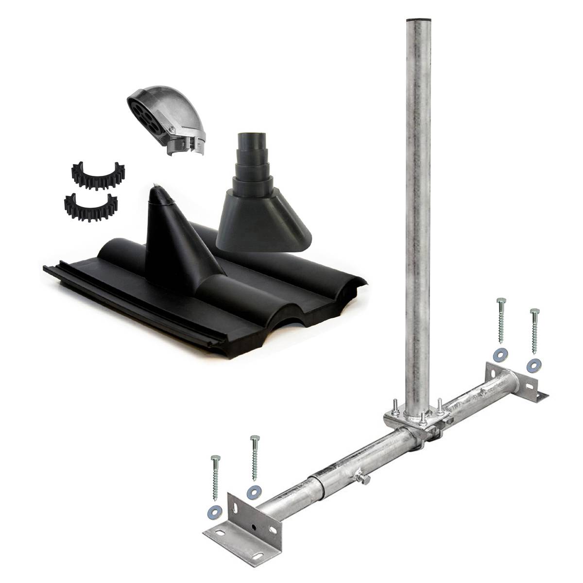 PremiumX Dachsparrenhalter Satellitenschüssel Montage Set Sparrenhalter feuerverzinkt Frankfurter Dachziegel schwarz SAT Mastkappe