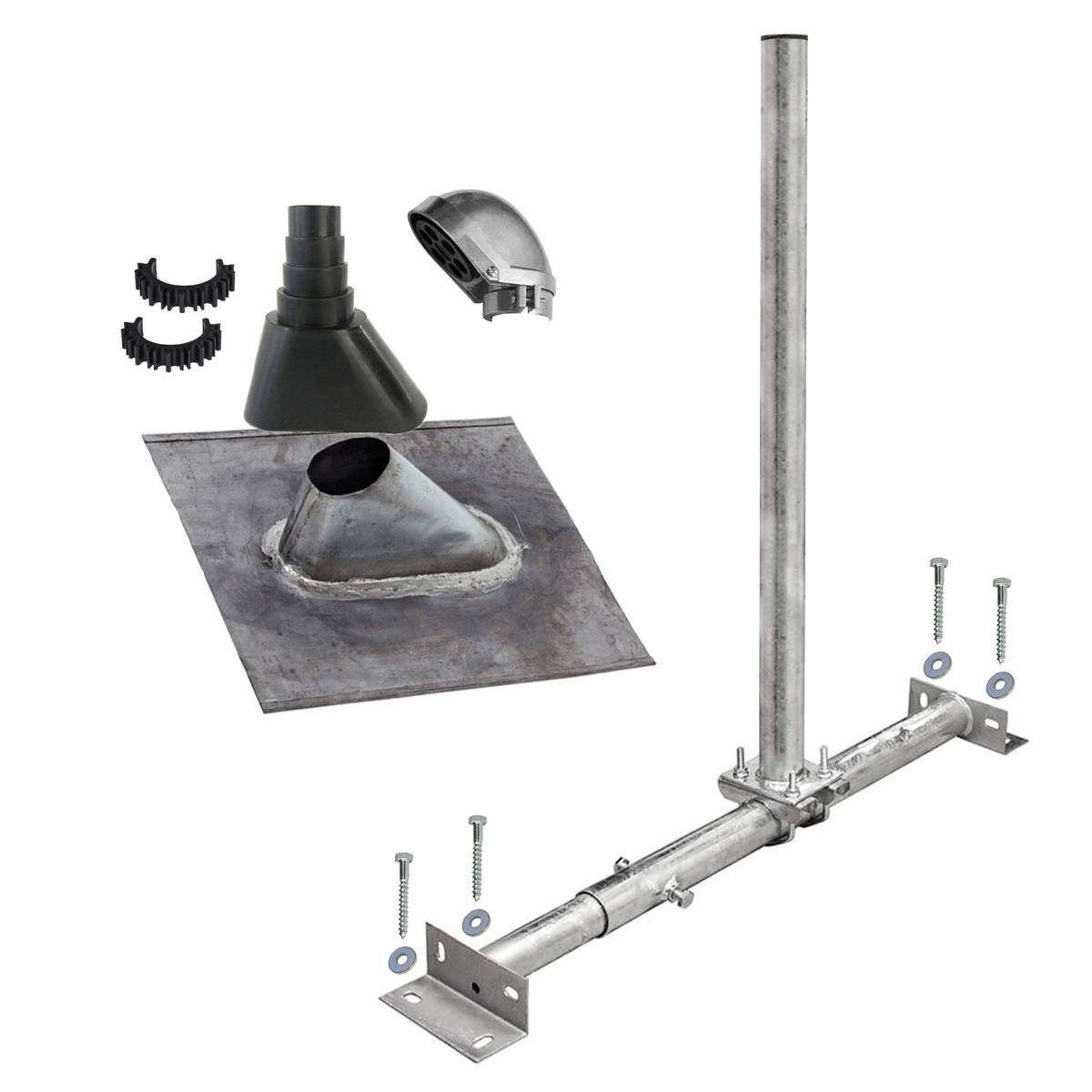 PremiumX BASIC X100-48F Dachsparrenhalter Satellitenschüssel Montage Set Sparrenhalter feuerverzinkt Blei-Dachziegel Tülle schwarz SAT-Mastkappe