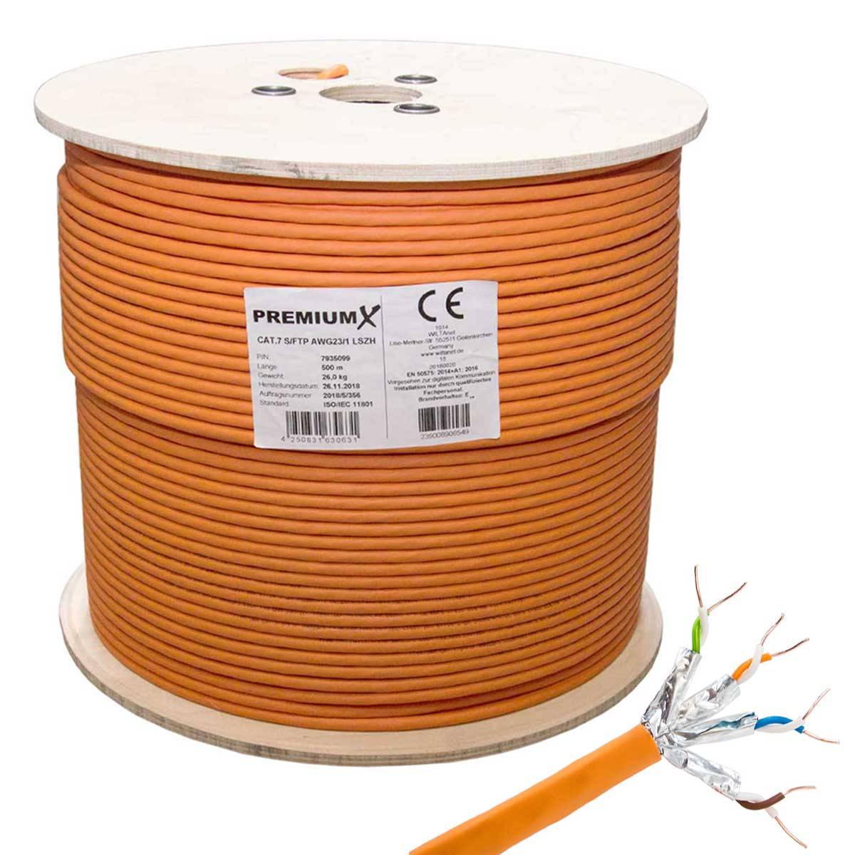 PremiumX CAT 7 Netzwerkkabel 500m LAN Kabel Simplex Kupferkabel Ethernet Datenkabel S/FTP PiMF PoE Eca Kat7 Verlegekabel Installationskabel für mühe