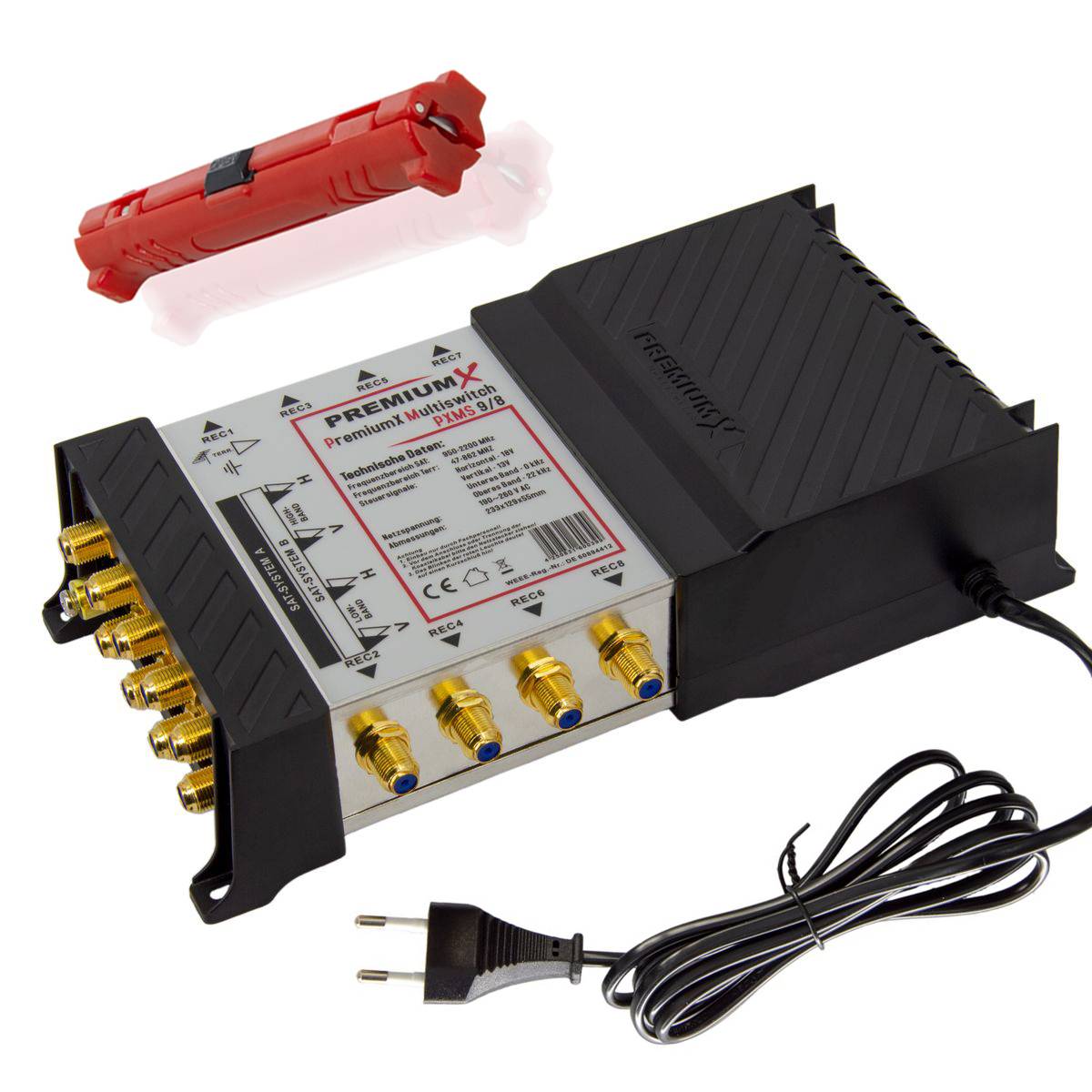 PremiumX Multischalter Set 9/8 Multiswitch Abisolier-Werkzeug, Signalverteiler 2 SAT für 8 Teilnehmer