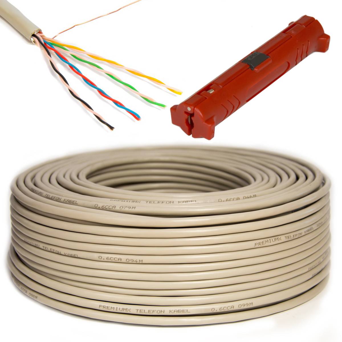 PremiumX 50m Telefonkabel 4x2x0,6mm rund Verlegekabel Telefonleitung 8 Adern Fernmeldekabel + Abisolierer