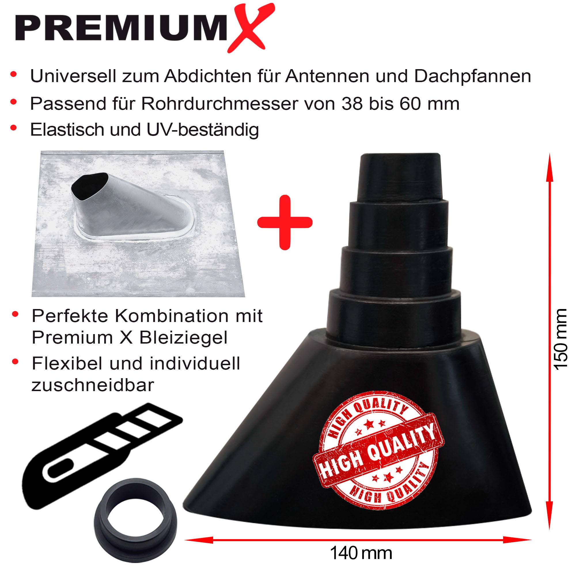 PremiumX Gummimanschette Universal für Dachabdeckungen SAT Mast-Manschette Mastabdichtung Abdichtung Gummitülle Schwarz