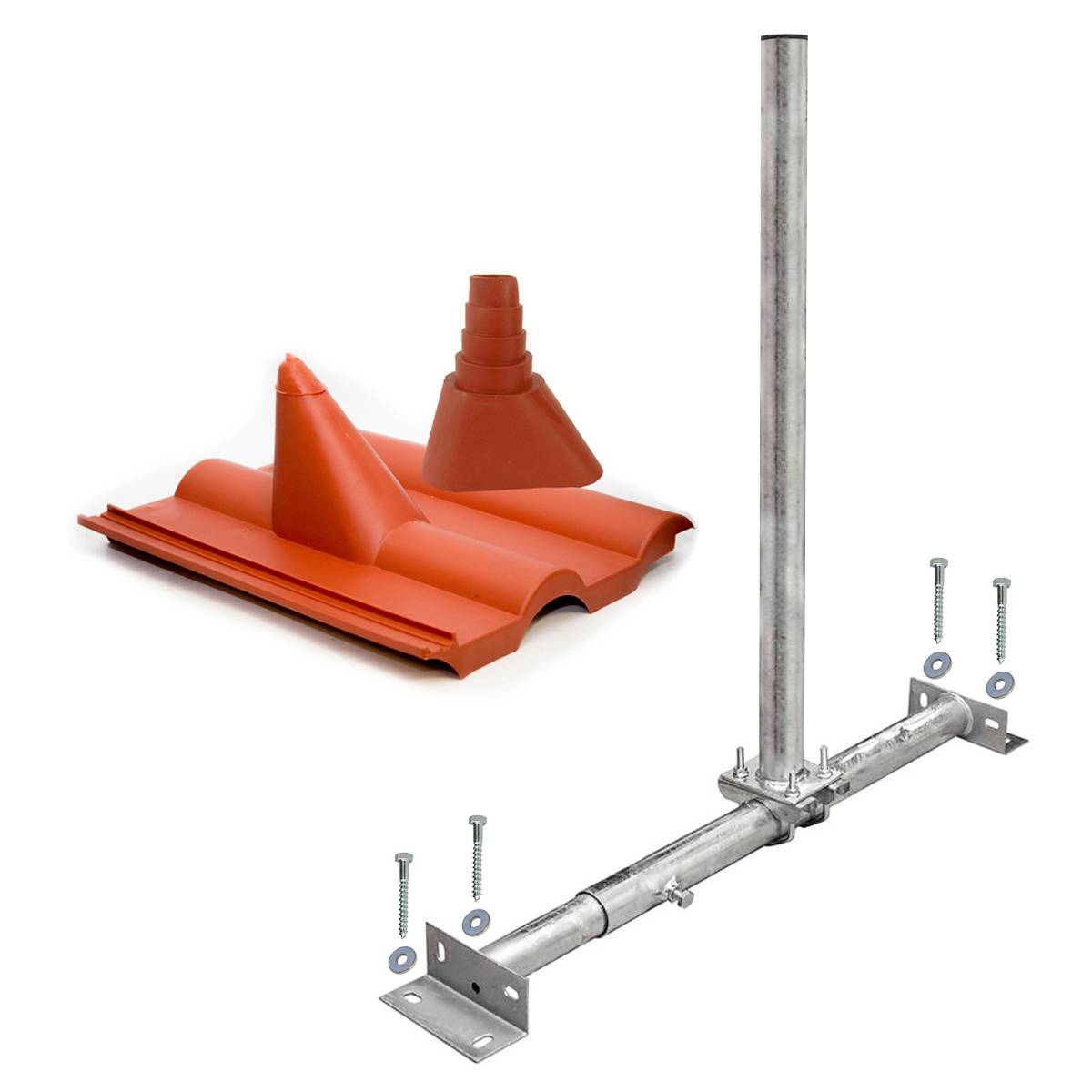 PremiumX Dachsparrenhalter Satellitenschüssel Montage Set Sparrenhalter feuerverzinkt 1m Mast Frankfurter SAT Ziegel Tülle rot