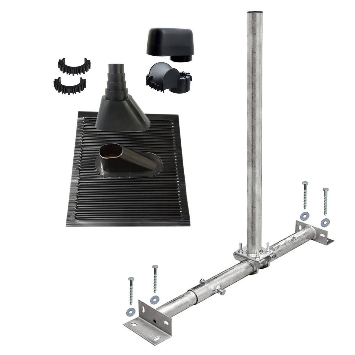 PremiumX BASIC X100-48F Dachsparrenhalter Satellitenschüssel Montage Set Sparrenhalter feuerverzinkt 1m Mast ALU SAT Ziegel schwarz Mastkappe