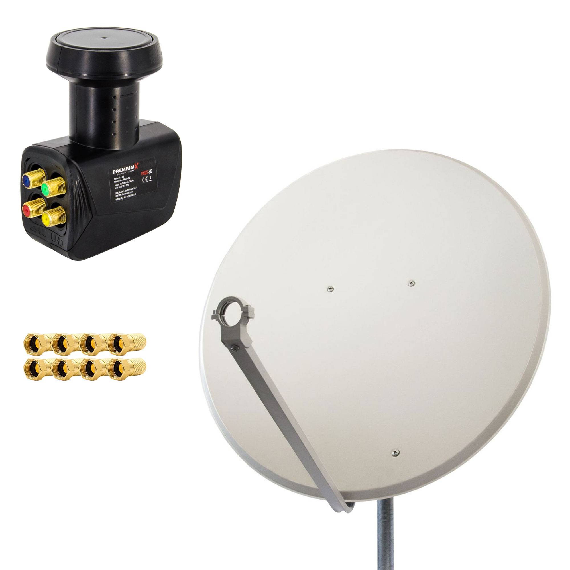 PremiumX Satelliten-Komplettanlage 100cm Satellitenschüssel Aluminium Hellgrau Antenne Quad LNB F-Stecker, SAT bis 4 Teilnehmer