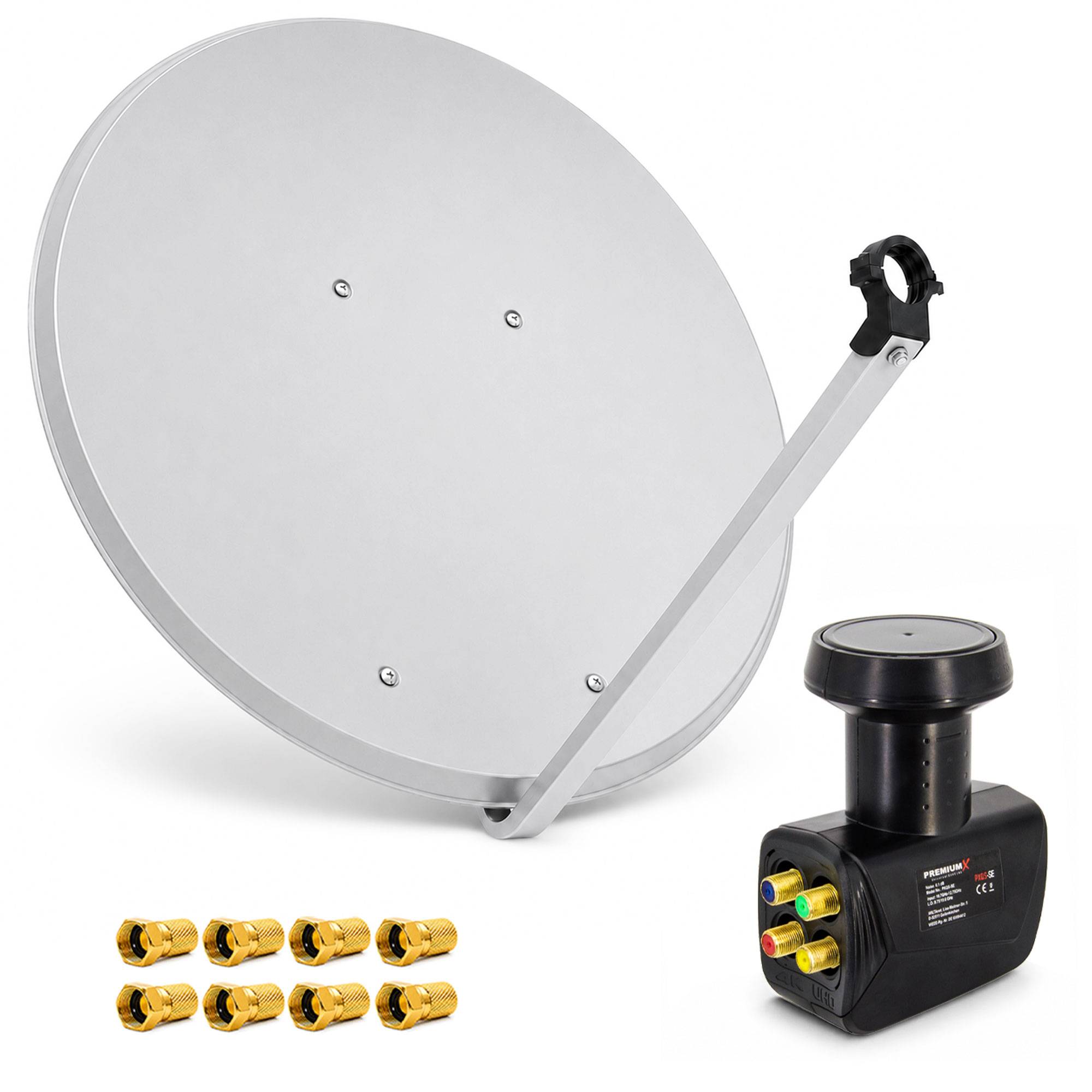 Satellitenschüssel-Set mit Halterungsarm, schwarzem LNB-Empfänger und acht Goldanschlüssen auf weißem Hintergrund.