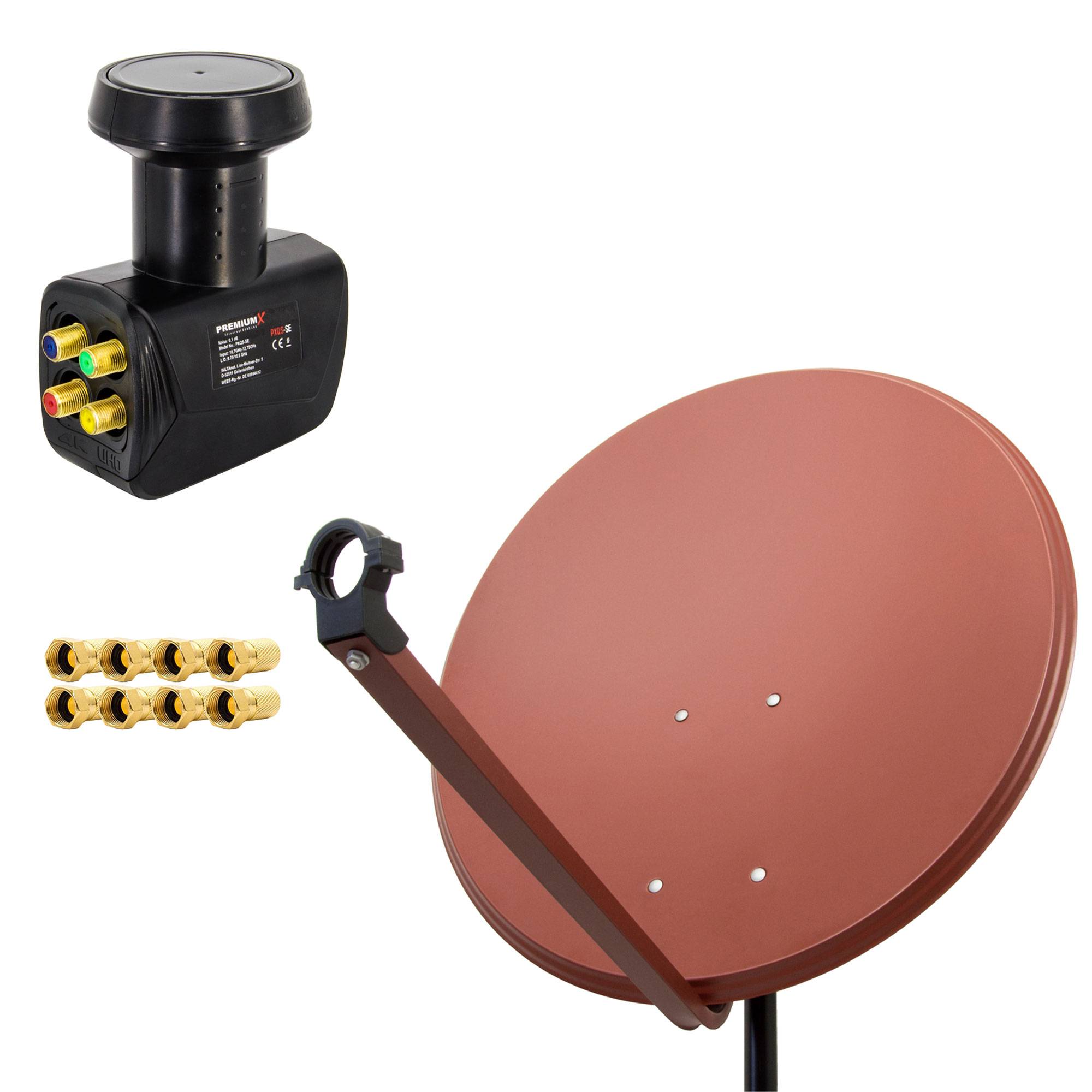 PremiumX Satelliten-Komplettanlage 100cm Satellitenschüssel Aluminium Rot Satellitenantenne Quad LNB F-Stecker, SAT bis 4 Teilnehmer