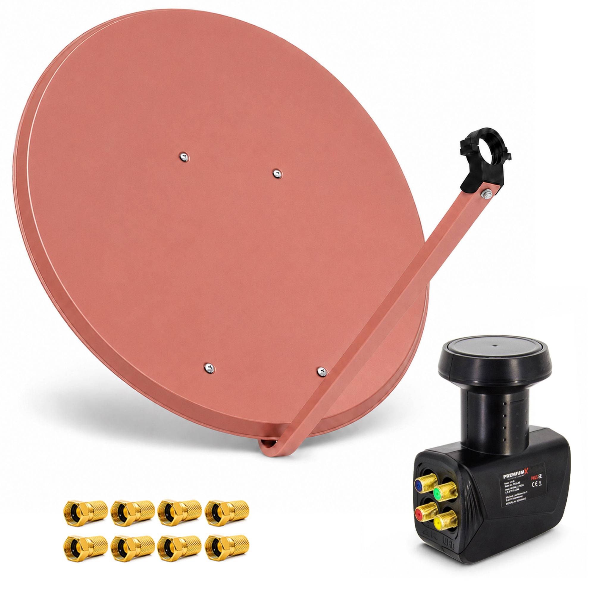 Satellitenschüssel mit Montagarm und Empfängerbox, gezeigt mit vergoldeten Koaxialsteckern/Anschlüssen.