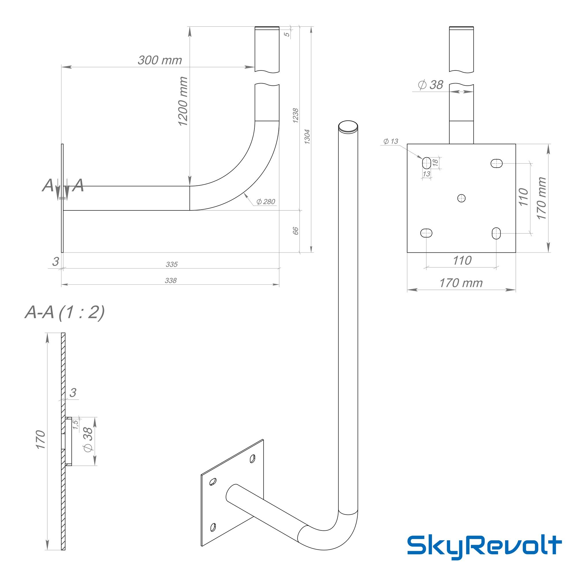 SkyRevolt 30cm Wandhalter 120cm Mast Stahl verzinkt SAT Antenne Wandhalterung Wand Montage Halter Wandabstand 30 cm Ø 38mm