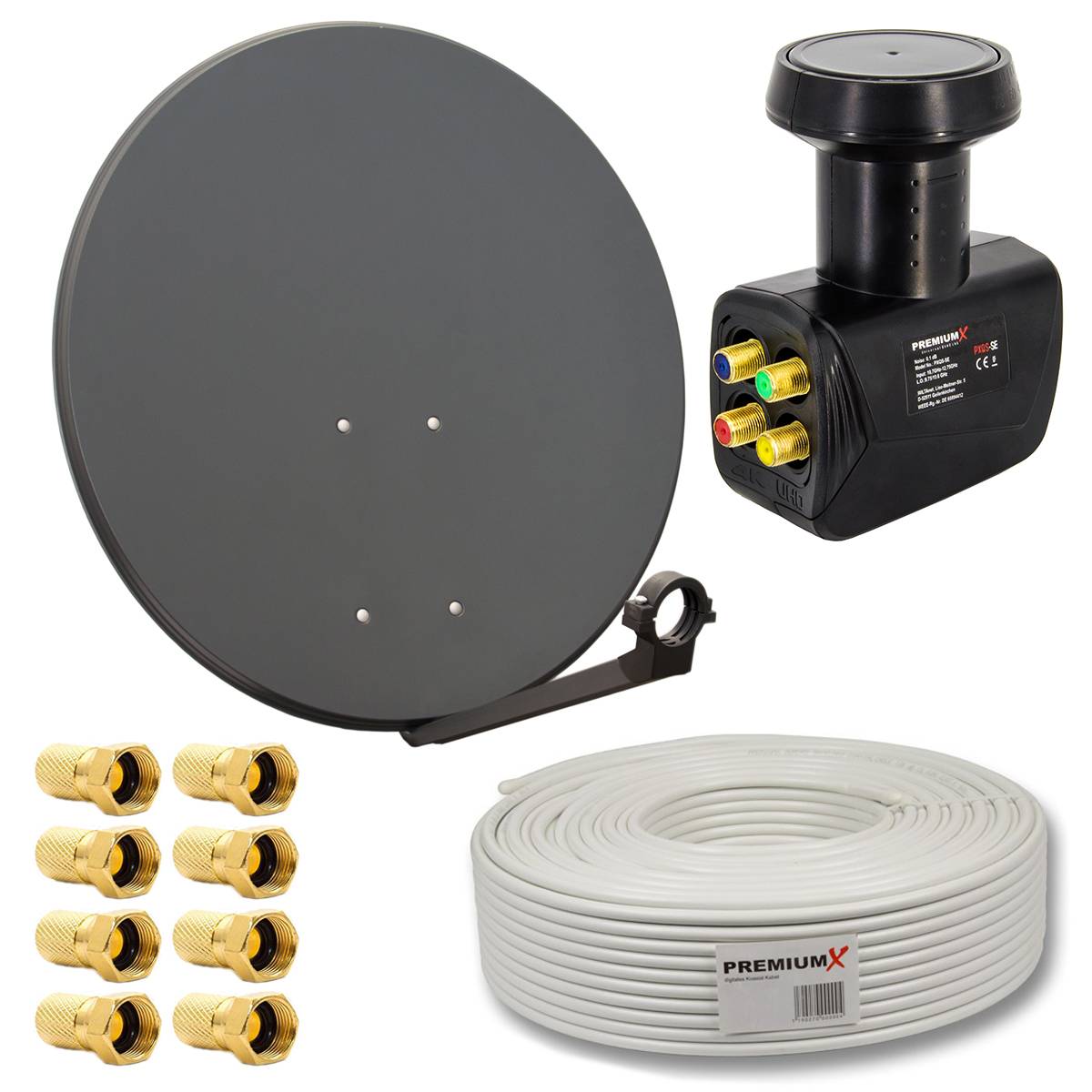 PremiumX Satelliten-Komplettanlage 80cm Satellitenschüssel SAT Quad LNB 8x F-Stecker 30meter Antennenkabel bis zu 4 Teilnehmer
