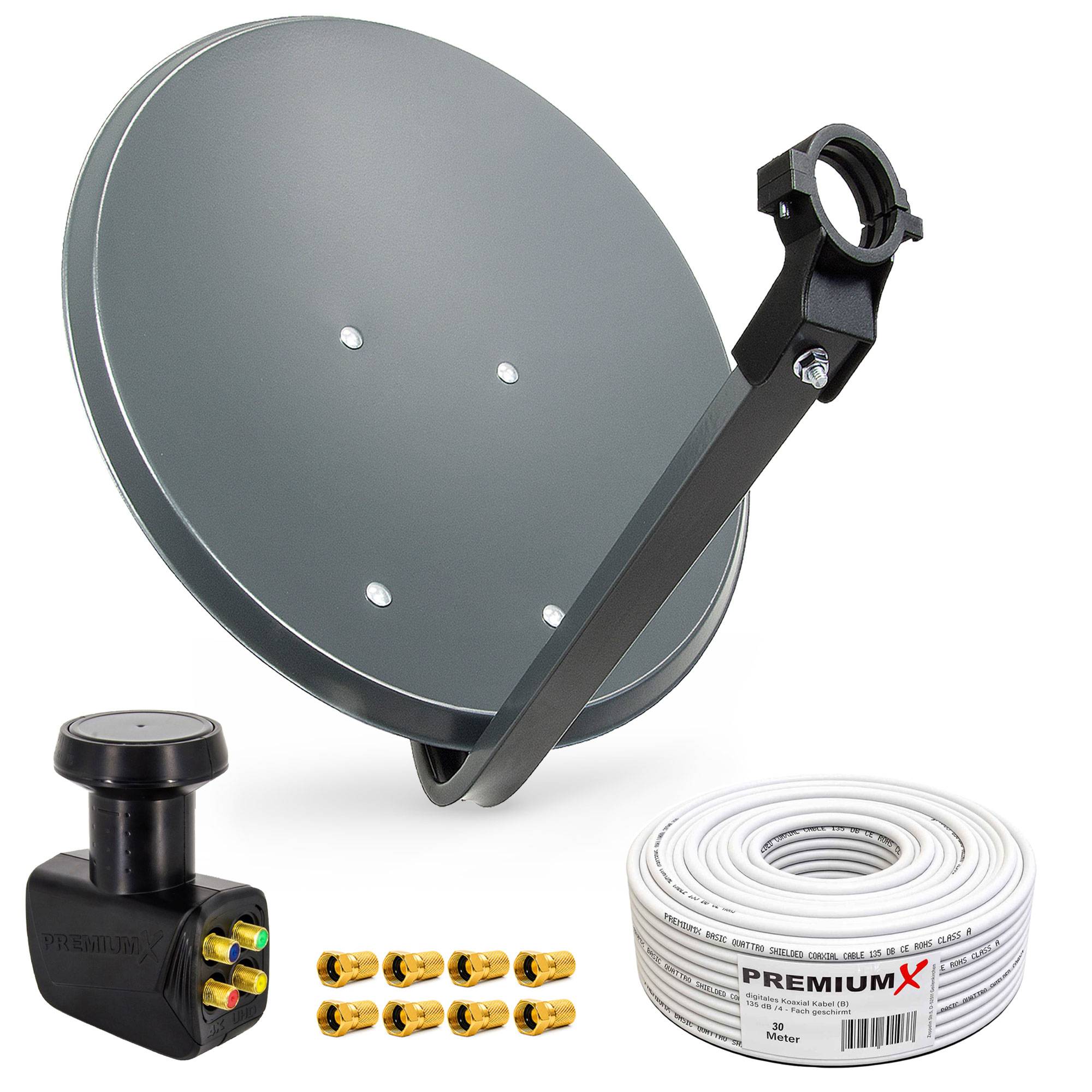 Satellitenschüssel-Set mit Montagearm, LNB, Steckverbindern und aufgerolltem Koaxialkabel auf weißem Hintergrund.