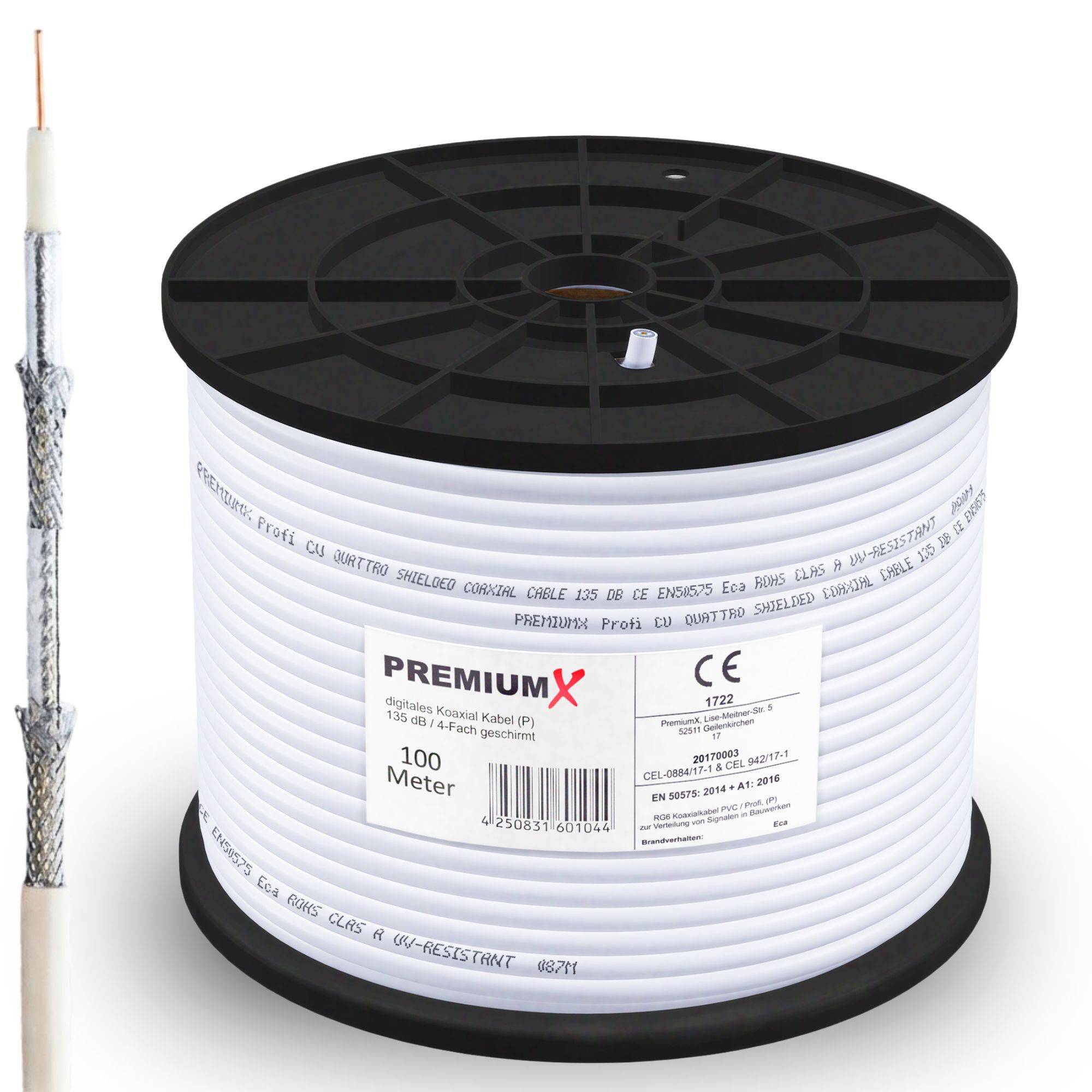 PremiumX 100m PROFI Koaxialkabel KUPFER 135dB 4-fach SAT Antennenkabel Koax-Kabel DVB-S / S2 DVB-C DVB-T BK Anlagen Satellitenkabel