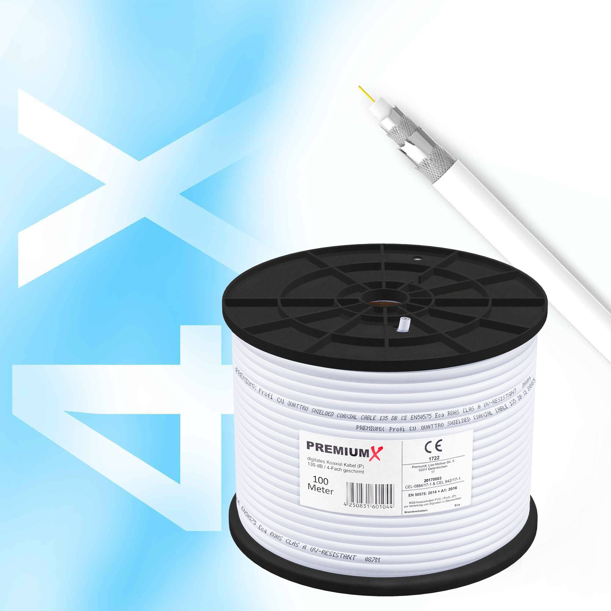 PremiumX 100m PROFI Koaxialkabel KUPFER 135dB 4-fach SAT Antennenkabel Koax-Kabel DVB-S / S2 DVB-C DVB-T BK Anlagen Satellitenkabel