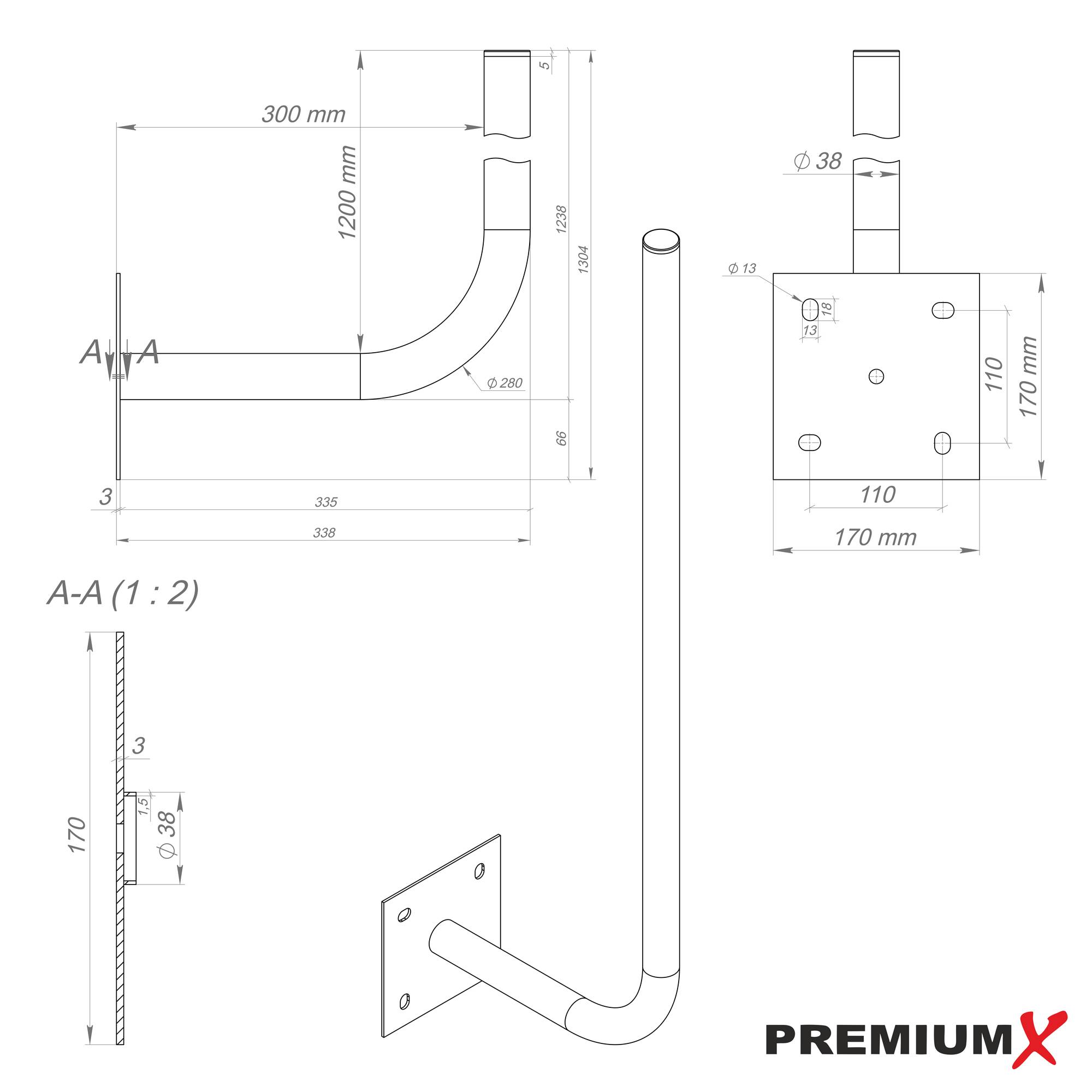 PremiumX 30cm Wandhalter 120cm Mast Stahl verzinkt Ø 38mm Wand-Halterung extra lang