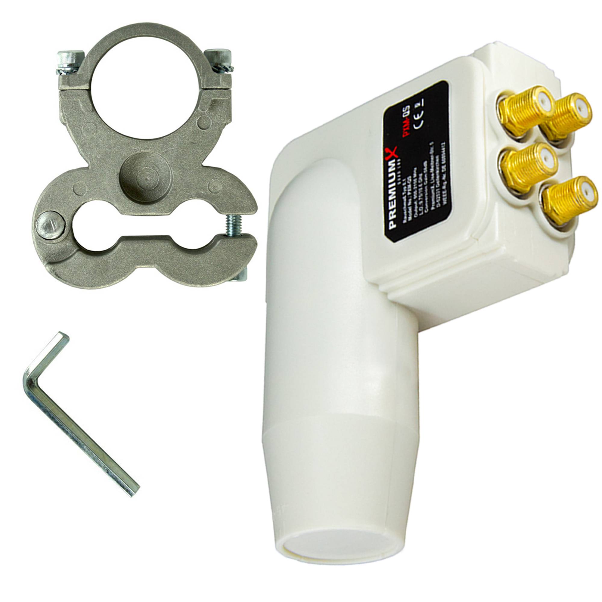 PremiumX LNB Quad Weiß 4 Teilnehmer + Universal Adapter für LNB Halterung 40mm für Technisat Antennen