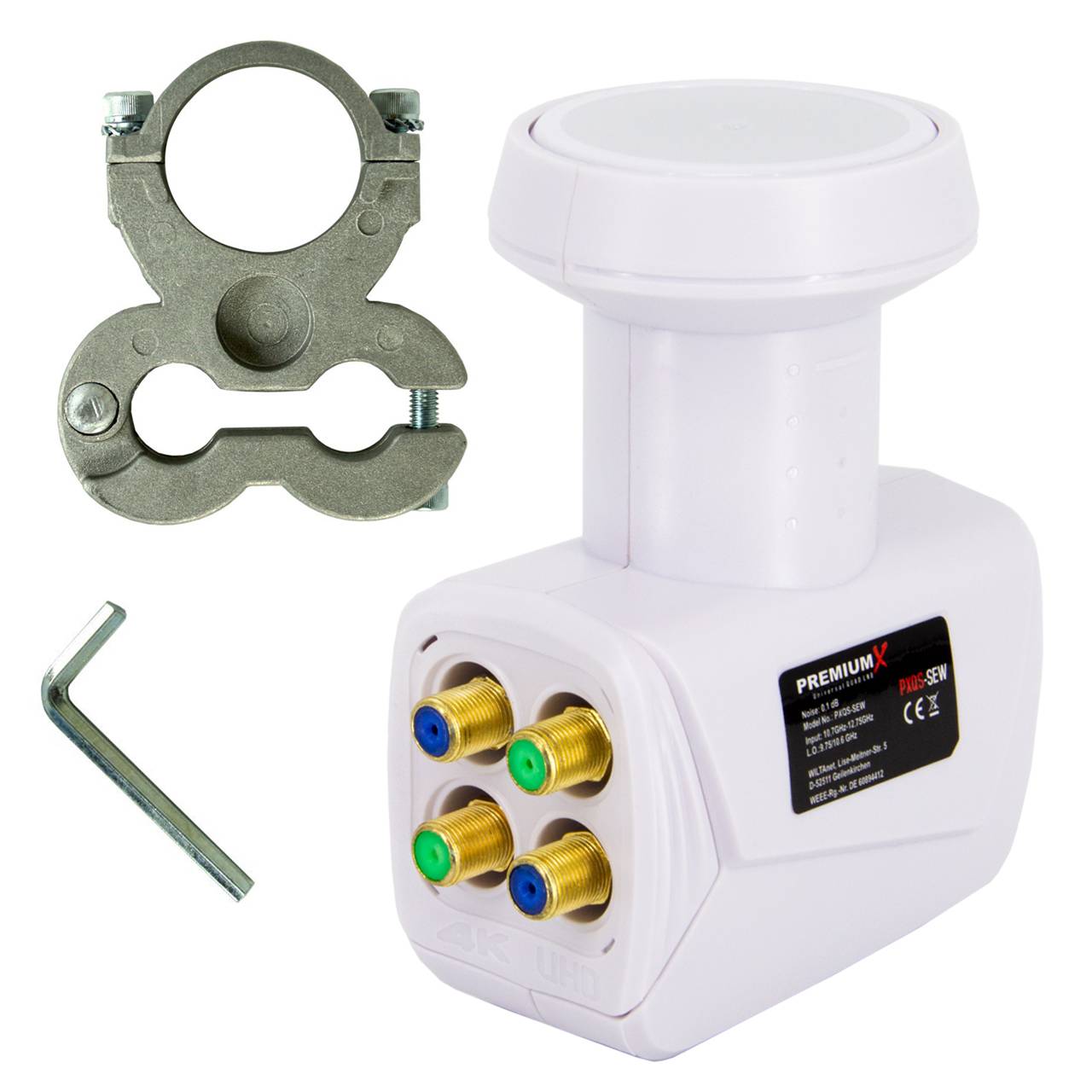 PremiumX LNB Quad Weiß 4 Teilnehmer + Universal Adapter für LNB Halterung 40mm für Technisat Antennen