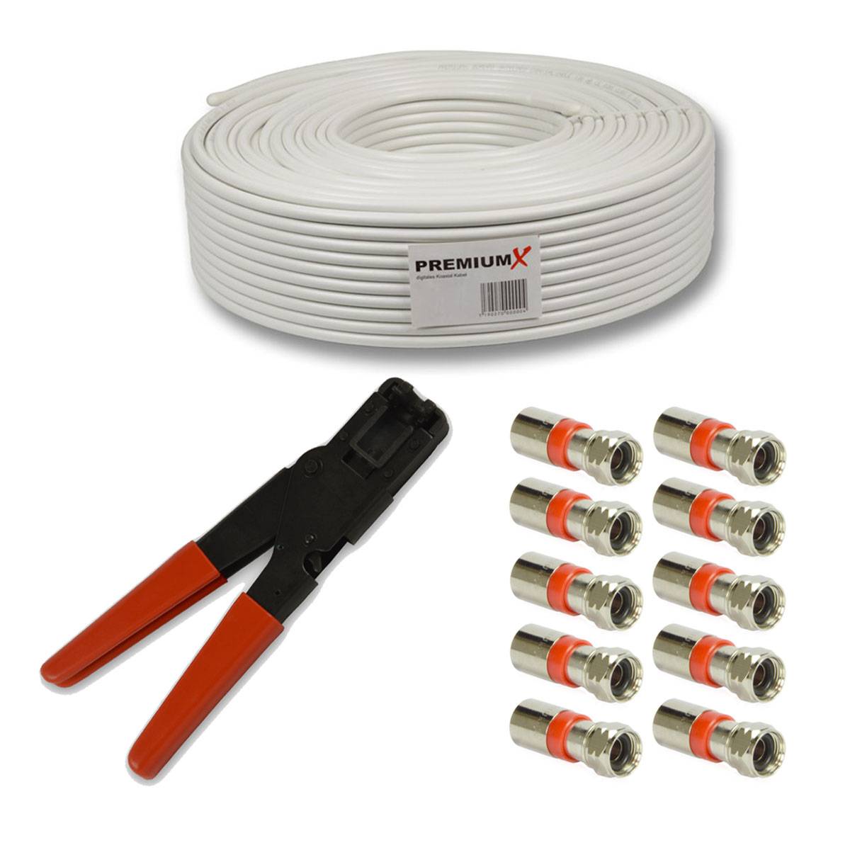 PremiumX 50m BASIC Koaxialkabel 135dB 4-fach SAT Antennenkabel RG6 Koax-Kabel Presszange 10x F-Kompressionsstecker 0,64 €/m