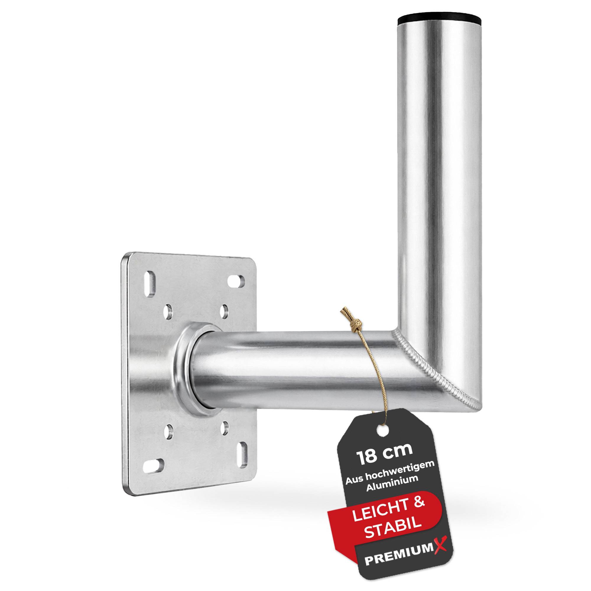 Wandmontierte Aluminium-Antennenstütze mit einem vertikalen Rohr, 18 cm Länge. Ein Etikett weist darauf hin, dass sie „leicht & stabil