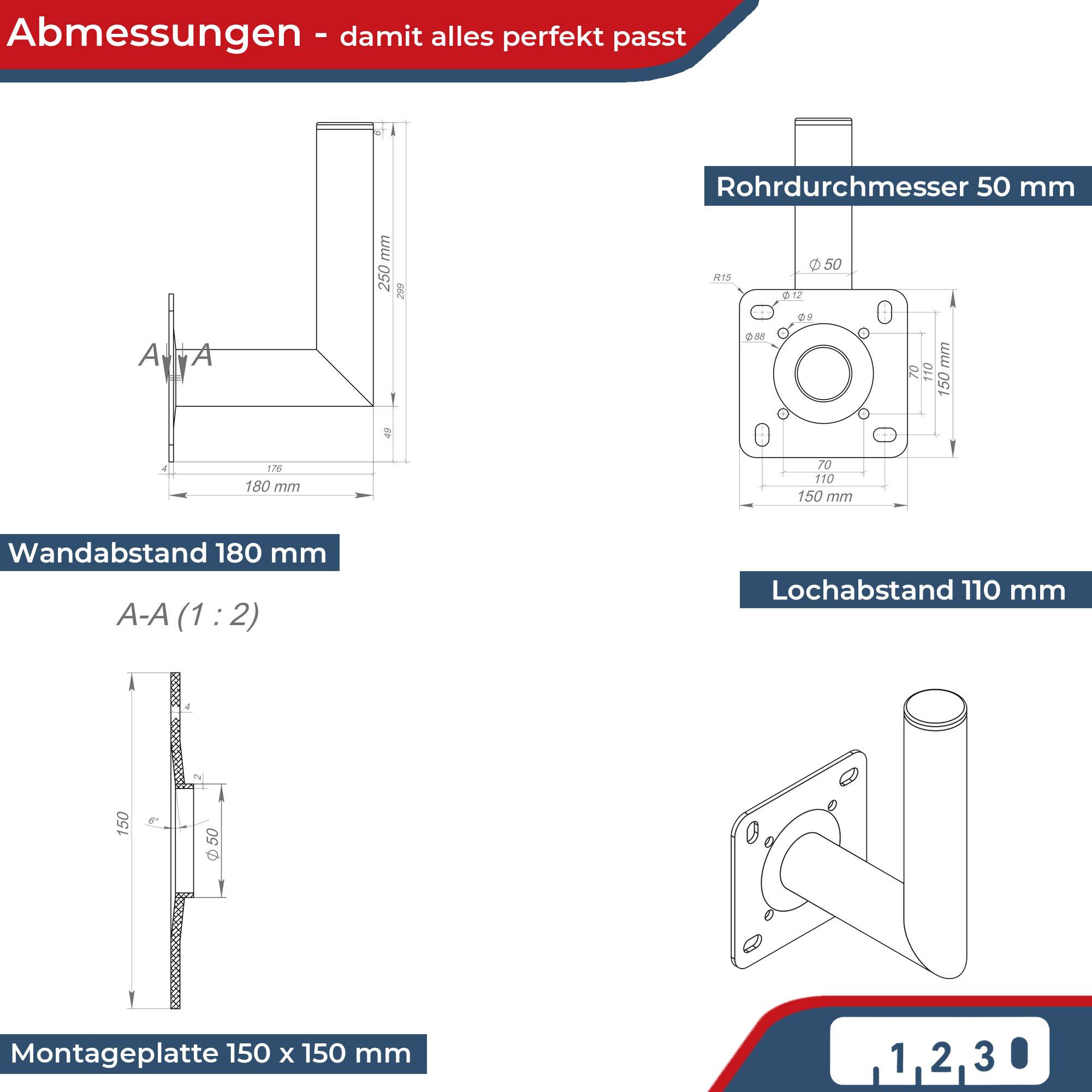 PremiumX 18cm Wandhalter ALU SAT Wandhalterung für Satellitenschüssel Aluminium Satelliten-Antenne Halterung Wand-Halter