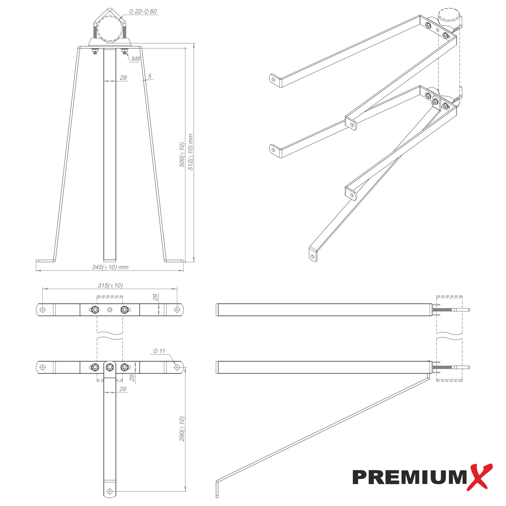 PremiumX Mauerhalter 50cm Stahl verzinkt SAT Wandabstandshalter Wandbefestigung Stangenbefestigung Masthalter Wand für Mast bis Ø 60mm Halterung Sat