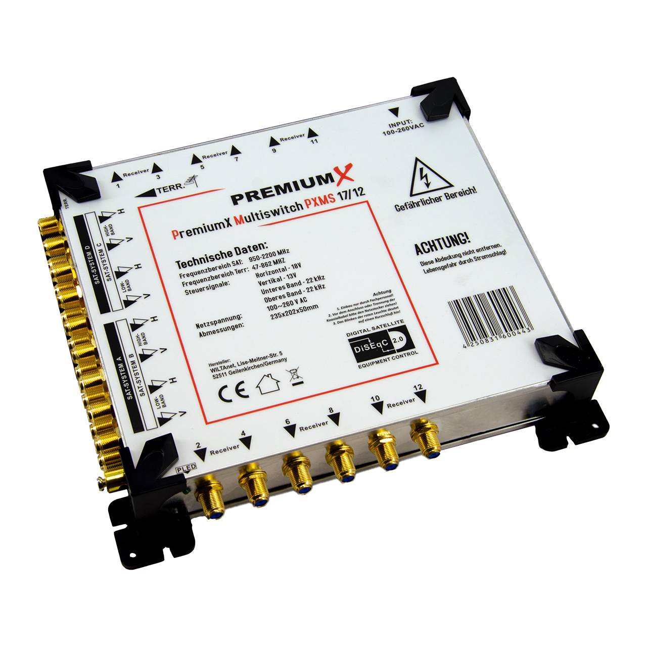 PremiumX PXMS 17/12 Multischalter mit Netzteil Multiswitch 4 SAT für 12 Teilnehmer Satverteiler Digital HDTV FullHD 4K UHD 8K