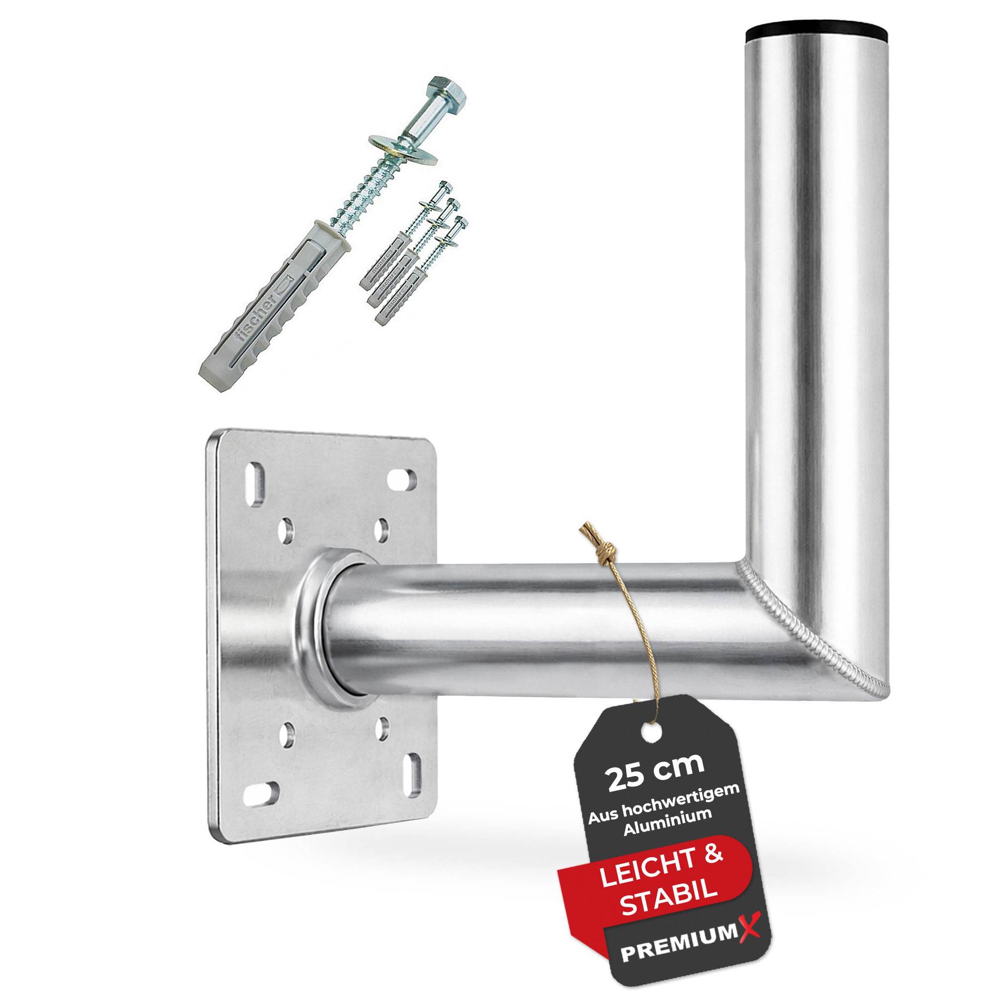Eine wandmontierte Aluminiumbefestigung mit Montagezubehör und Etikett '25 cm, LEICHT & STABIL, PREMIUMX.' Konzipiert für sichere Unterstützung.