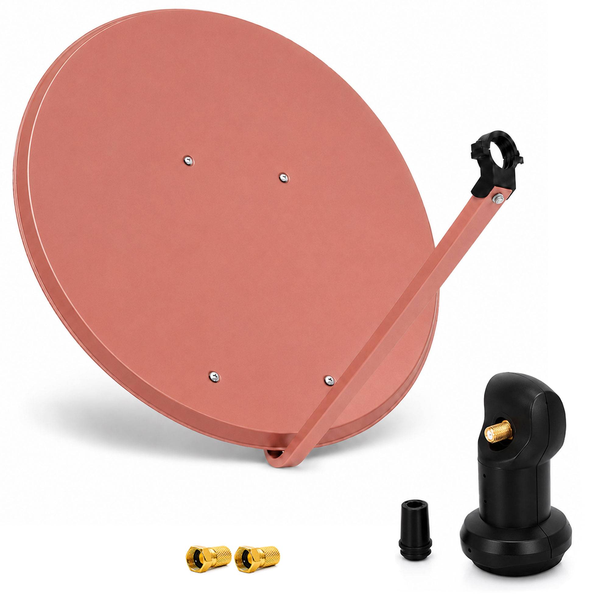 Runde Satellitenschüssel-Antenne in Rosa mit schwarzem LNB, Koaxialstecker und Befestigungsmaterial auf weißem Hintergrund.