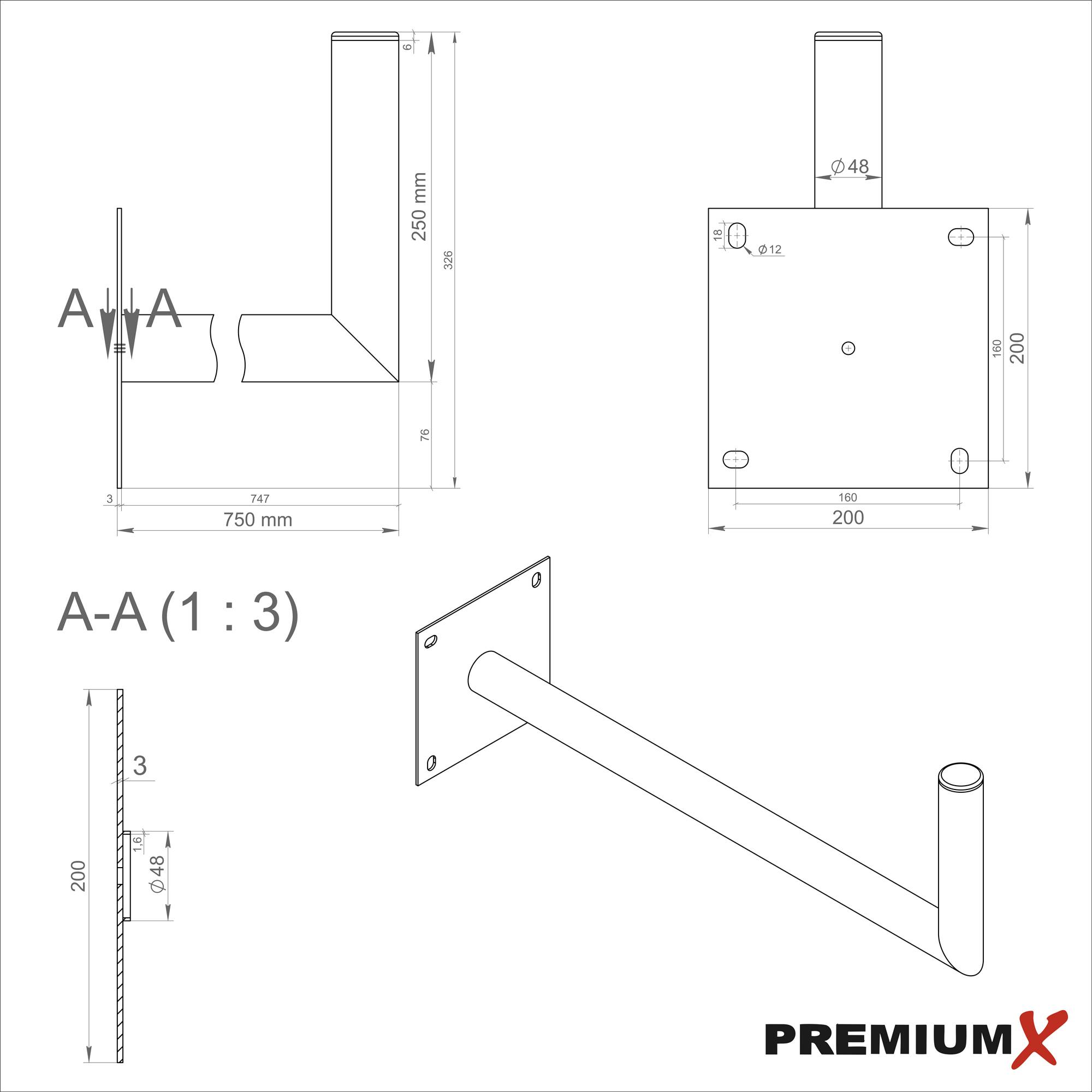 PremiumX 70-75cm Wandhalter Stahl verzinkt Ø 48mm SAT Halterung für Satellitenschüssel inkl. Schraubensatz